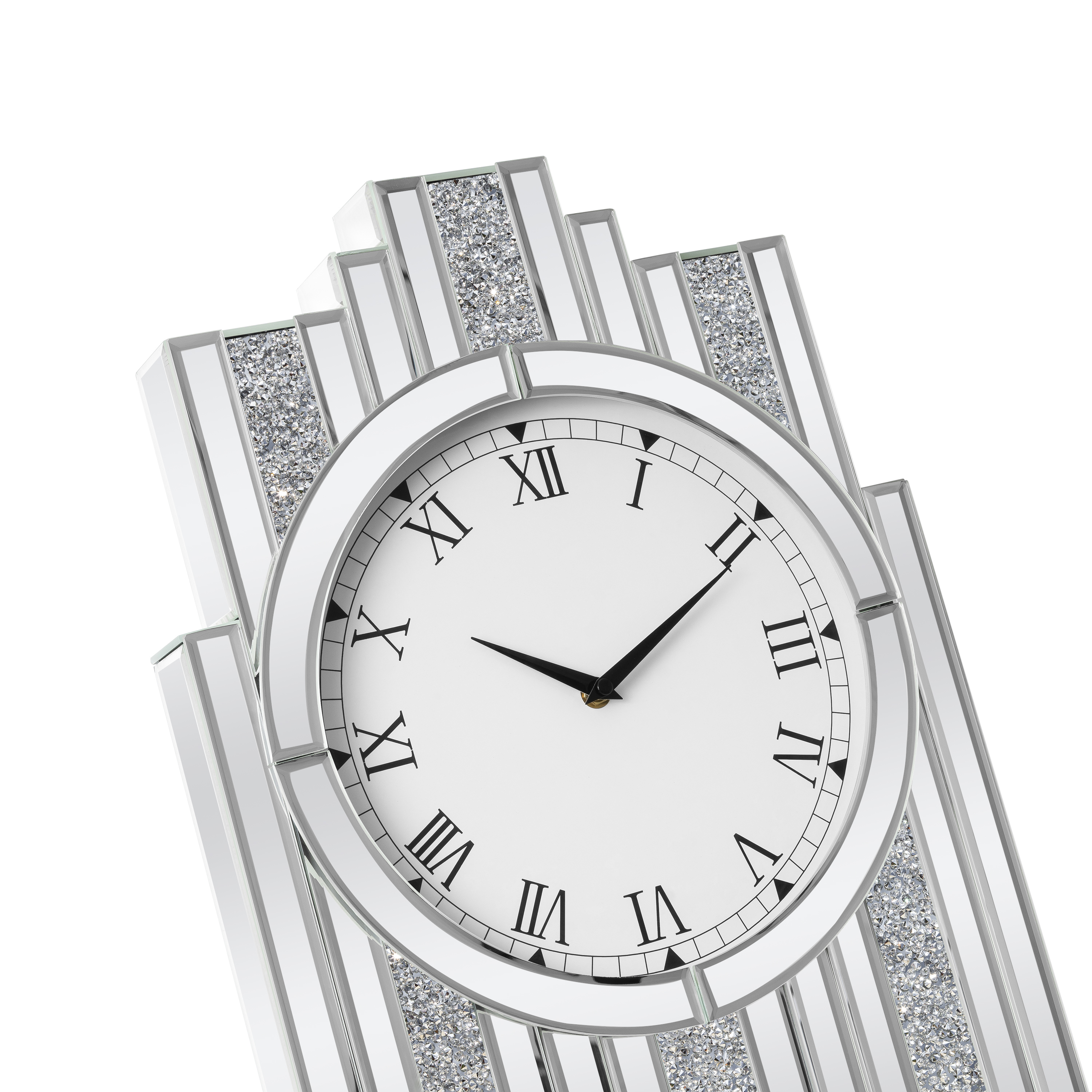 Silver Mirror Clock, 25.6x13.8 Crystal Sparkle Wall Clock with Crushed Diamond Modern and Silent Large Wall Clock