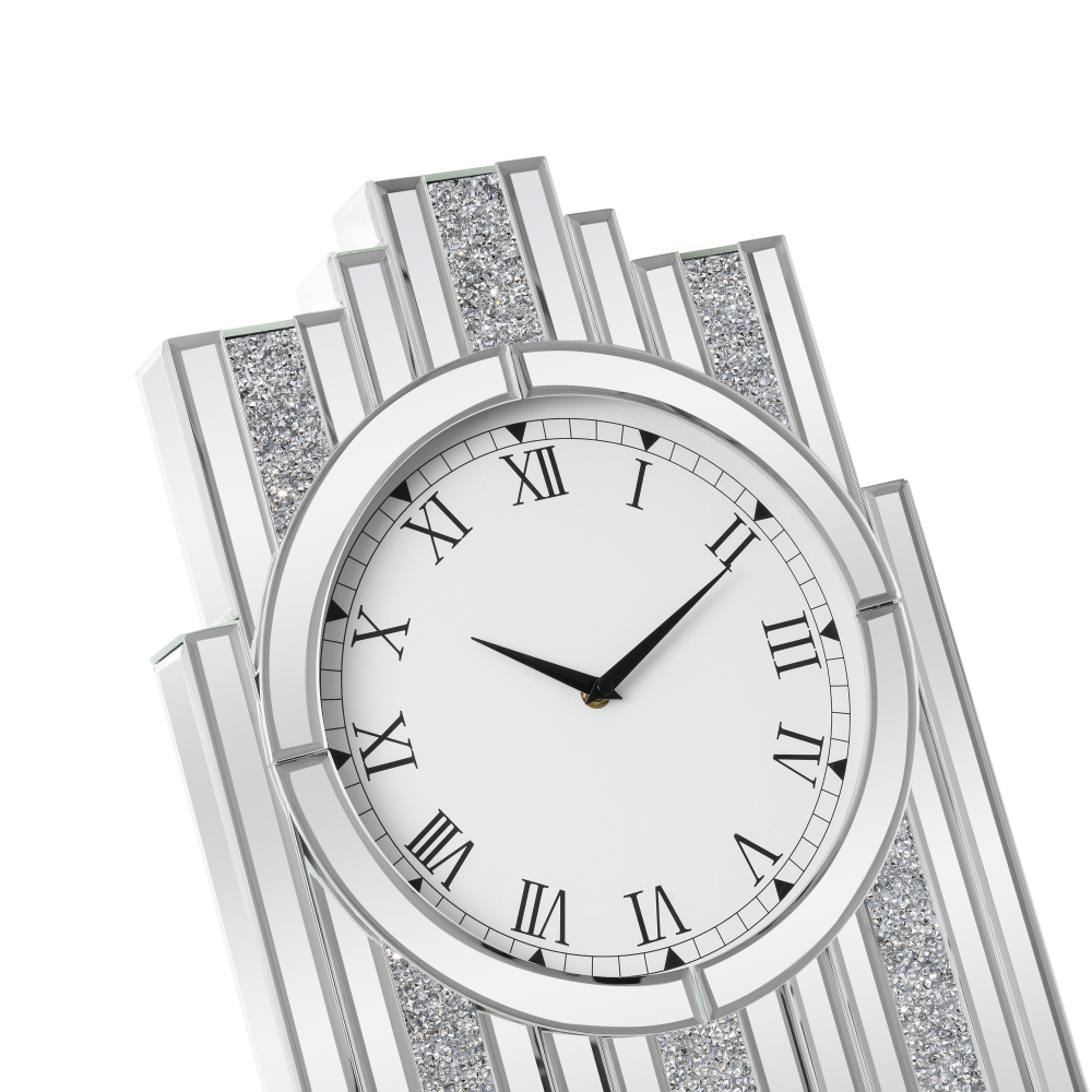 Silver Mirror Clock, 25.6x13.8 Crystal Sparkle Wall Clock with Crushed Diamond Modern and Silent Large Wall Clock