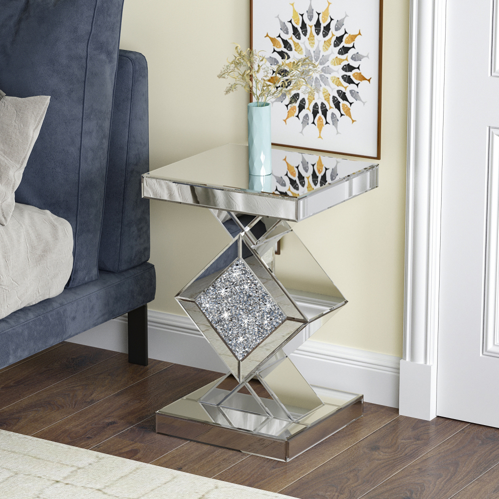 SHYFOY Mirrored Crushed Diamond Side Table | Glass Mirror End Tables with Crystal Inlay