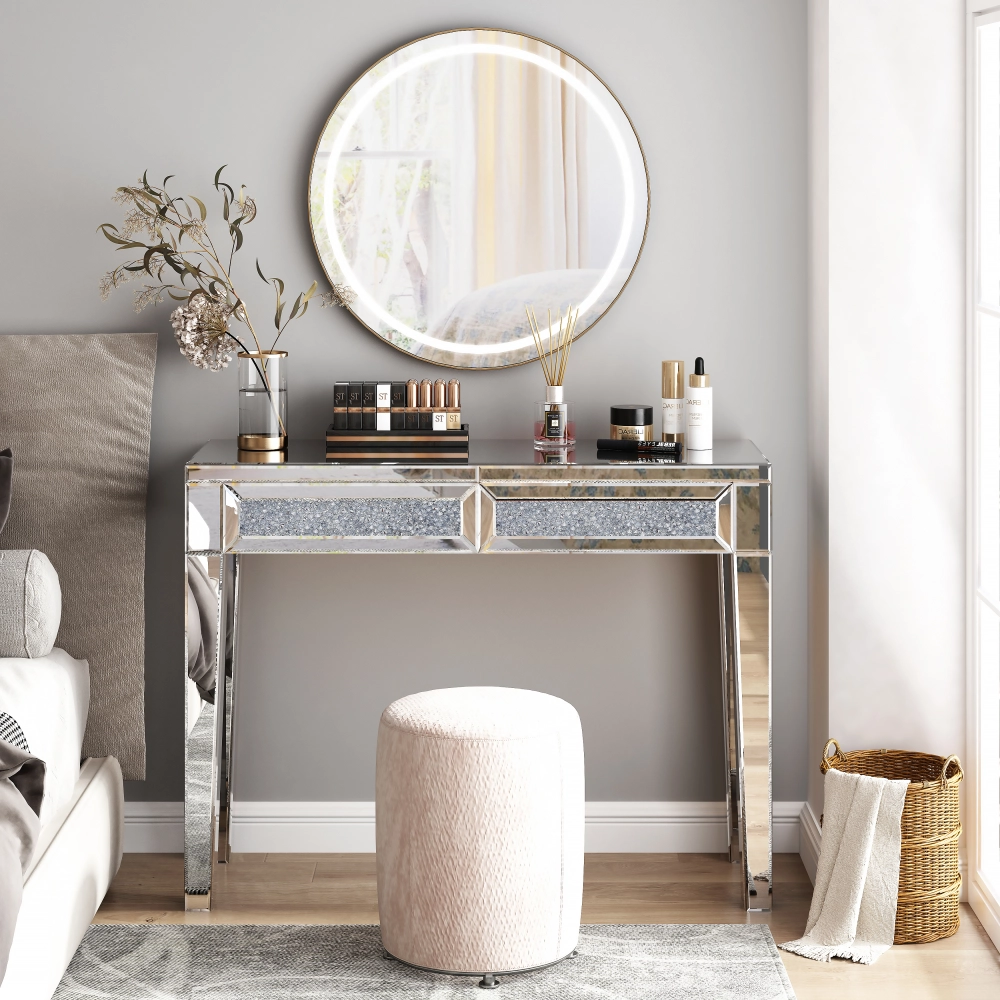 mirrored dressing table with mirror Newly Designed Smart Drawers And Storage Ca this vanity serves multiple functions GDFStudio 47 Inches Half-Moon Mirrored