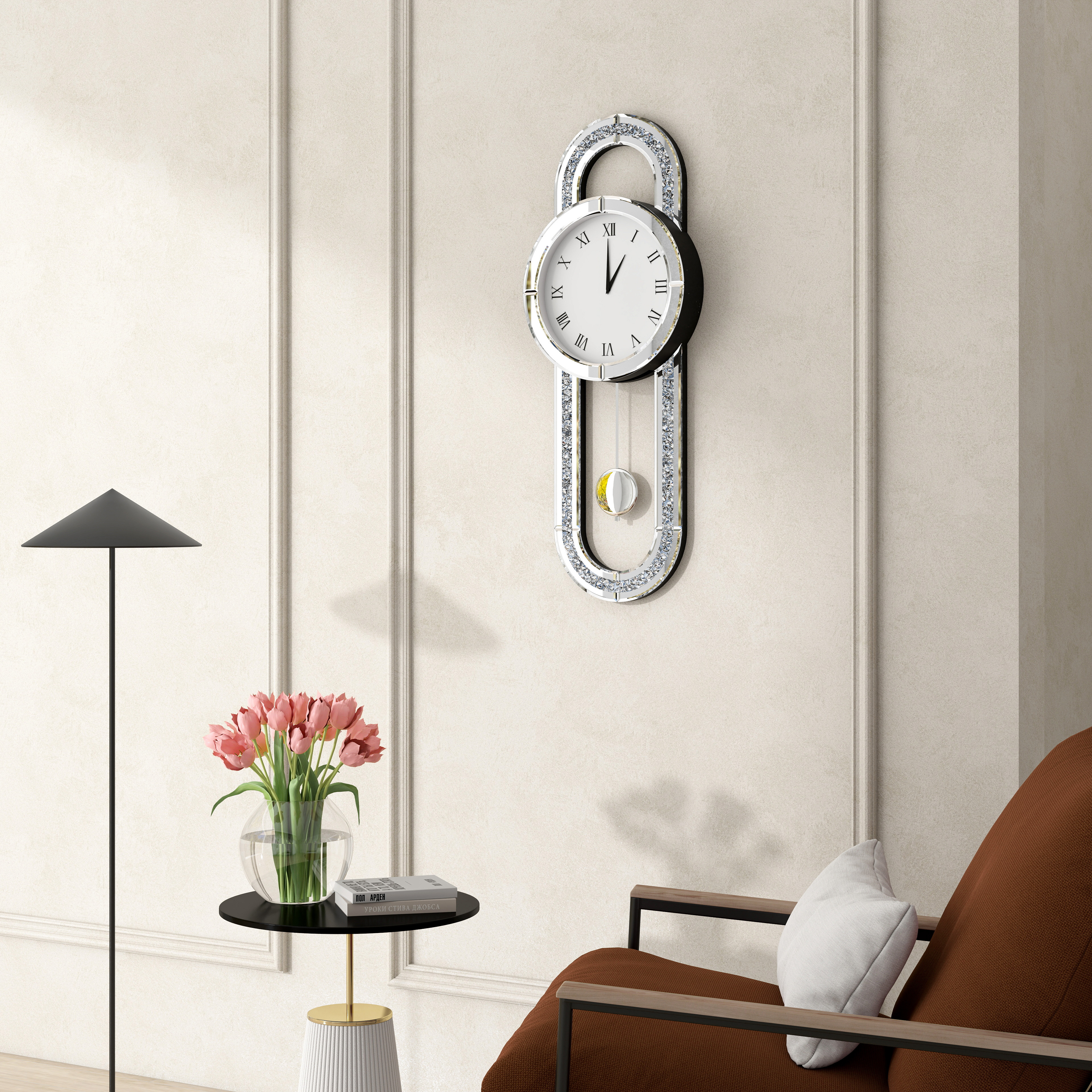 Decorative Wall Clock 31.5" Mirrored Pendulum Clock Silent Quality Quartz Luxury Large Wall Clocks with Crushed Diamond