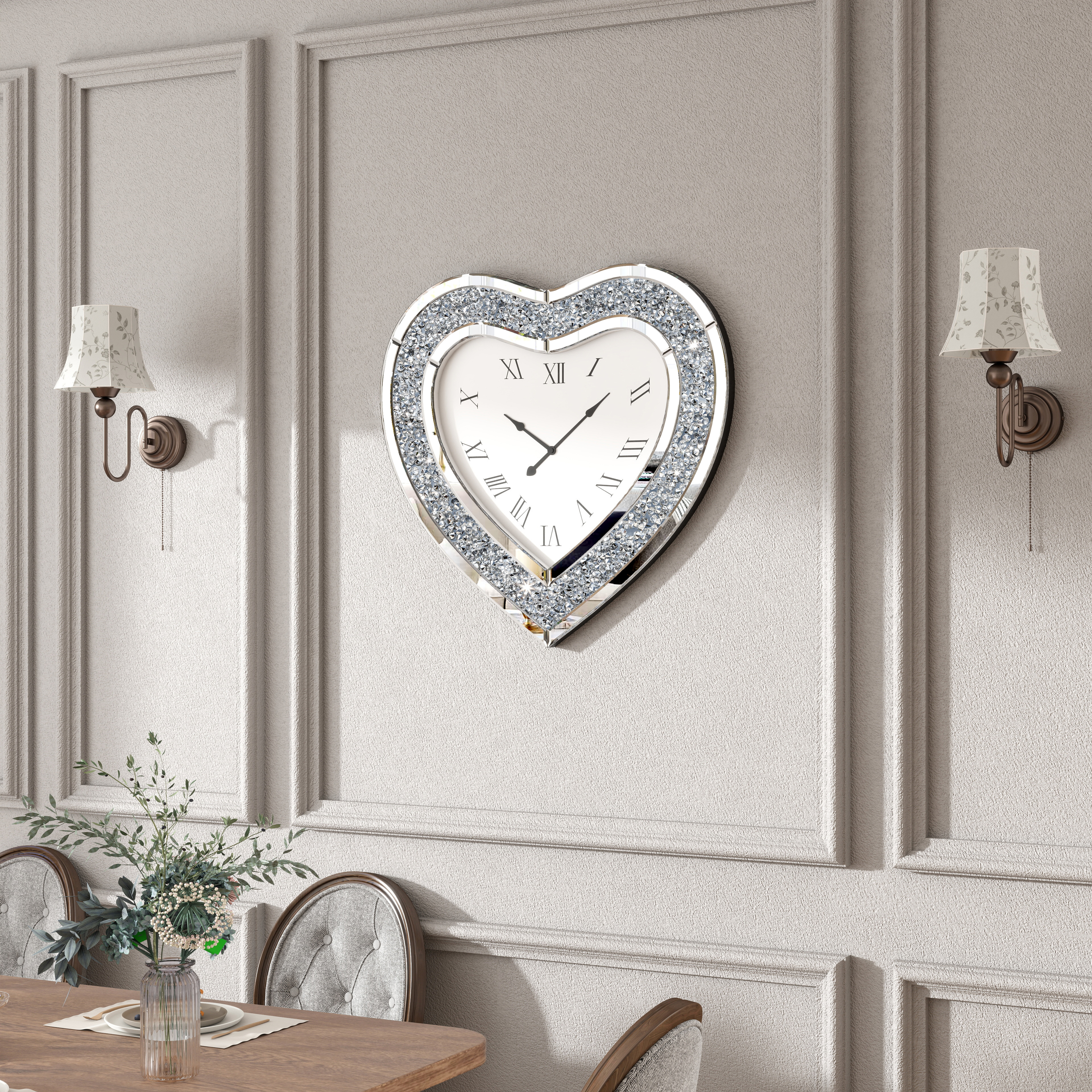 SHYFOY Deorative Wall Clock, 24 inch Heart-Shaped Mirror Wall Clock, Crushed Diamond Non-Ticking Wall Clocks for Bedroom