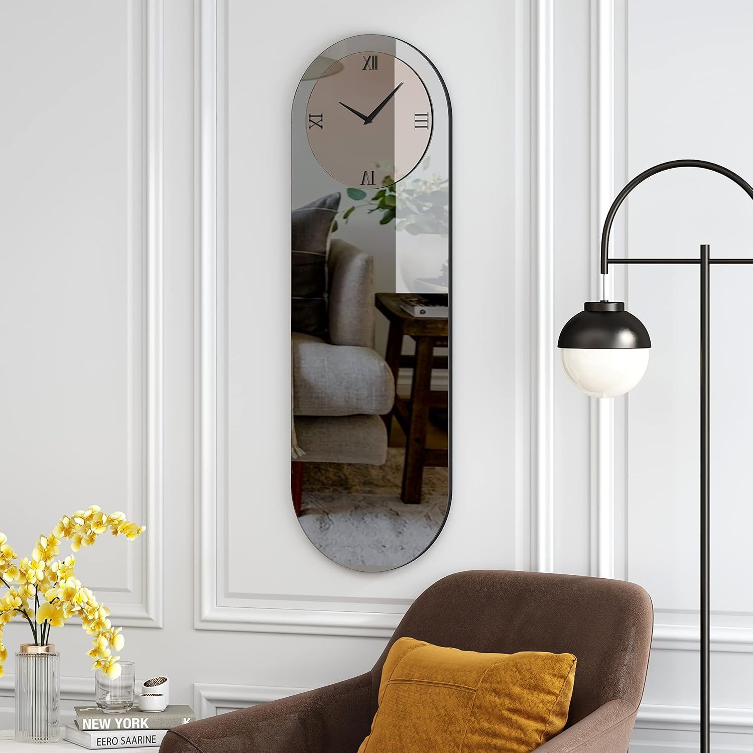 Glass Wall Clock for Living Room Decor, Modern Clocks Grey and Gold Mirror Finsh Oval Long Wall Decor