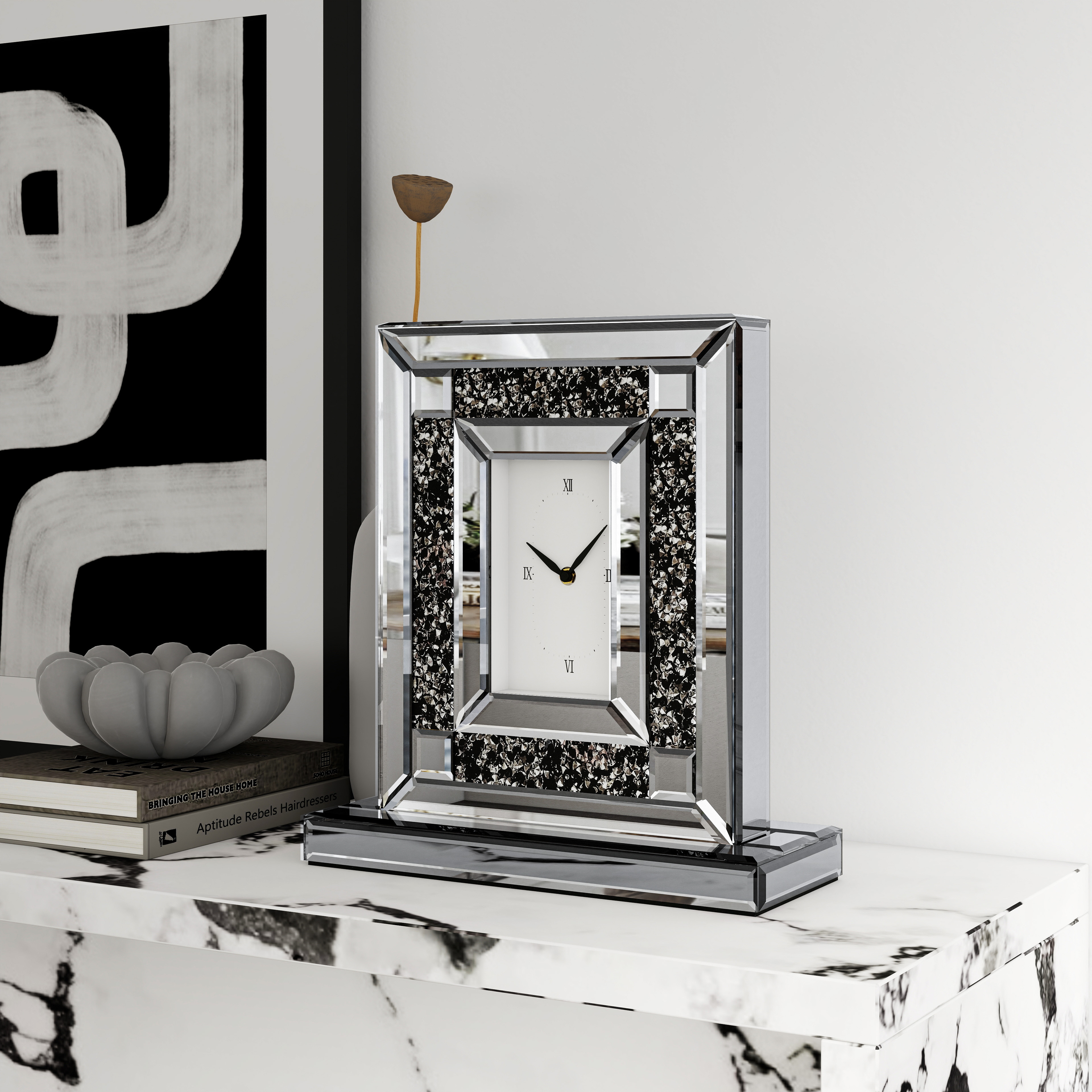 Luxury Crystal-Embedded Mirrored Table Clock, Elegant Decorative Clock with Roman Numerals for Home & Office
