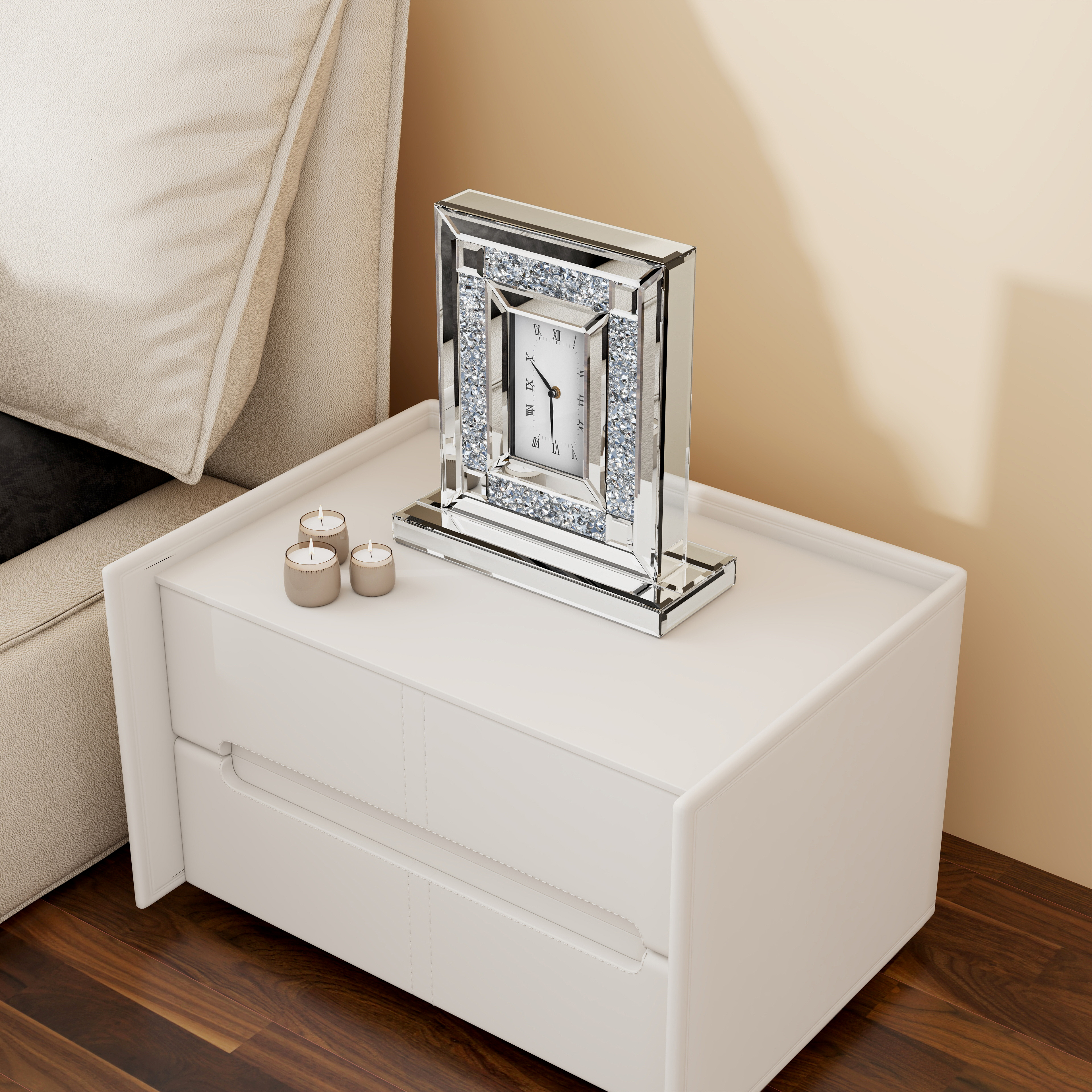 Silver Luxury Rectangular Crystal Clock with Glass Beveled