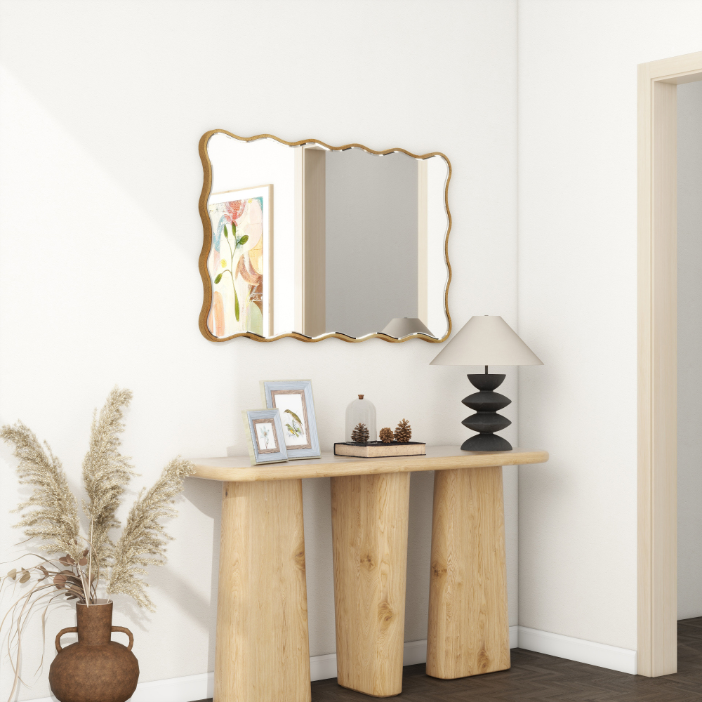 Antique Mirror Gold Wavy Mirrors 20x30” Irregular Mirrors Asymmetrical Ripple Wall Mirrors Abstract