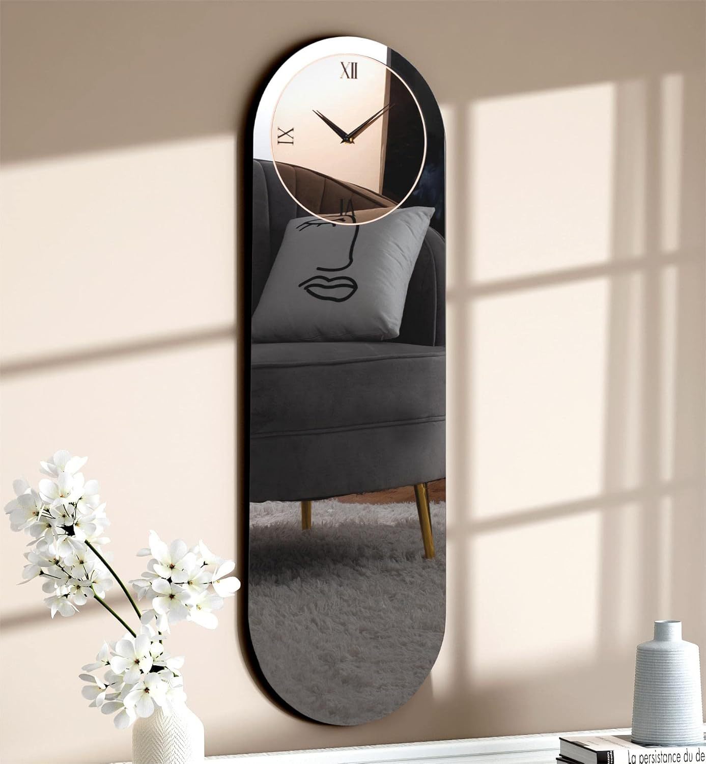Glass Wall Clock for Living Room Decor, Modern Clocks Grey and Gold Mirror Finsh Oval Long Wall Decor