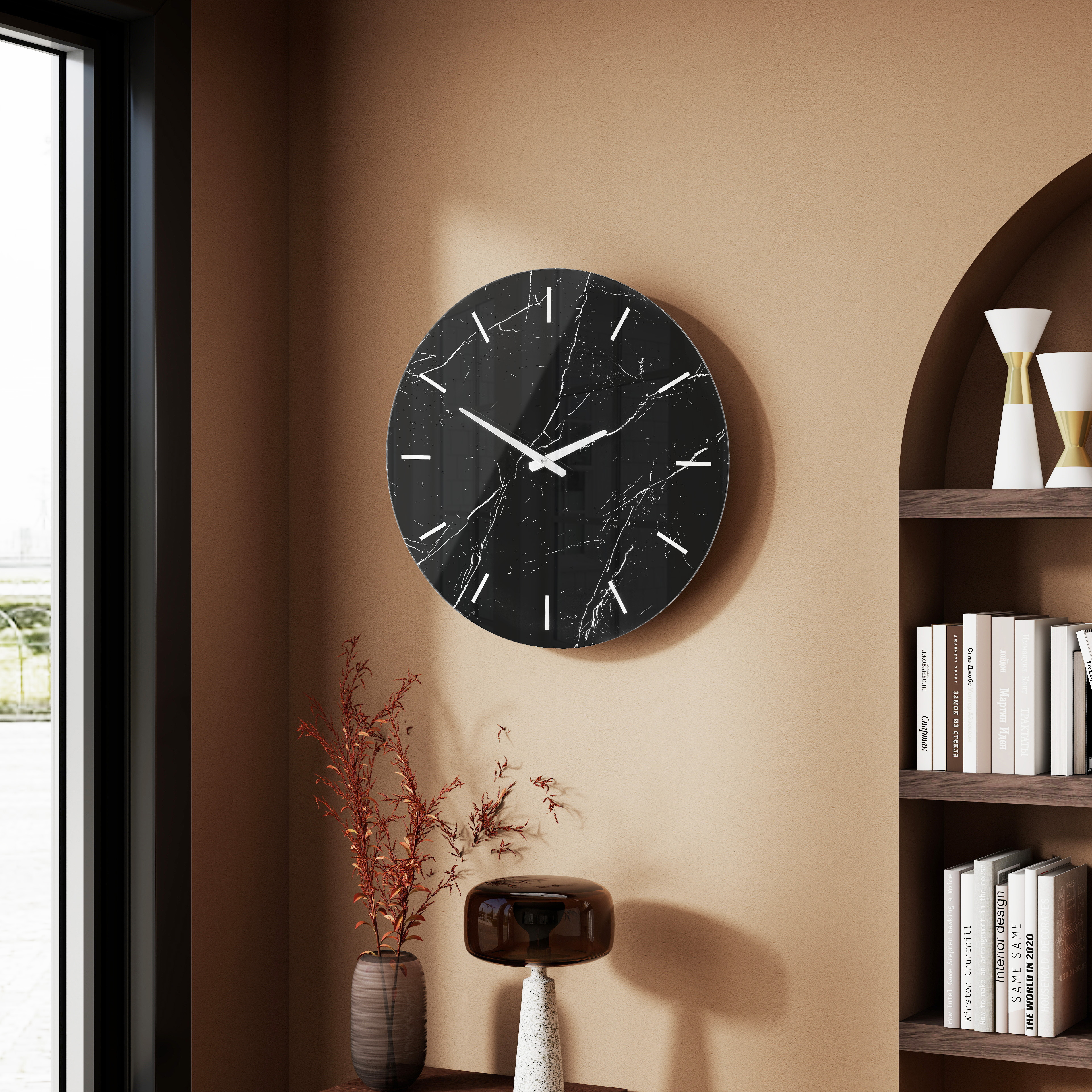 SHYFOY Black Decorative Wall Clock Glass Marble Patter, 23.6" Decorative Wall Clock, Modern Large Clock for Living Room