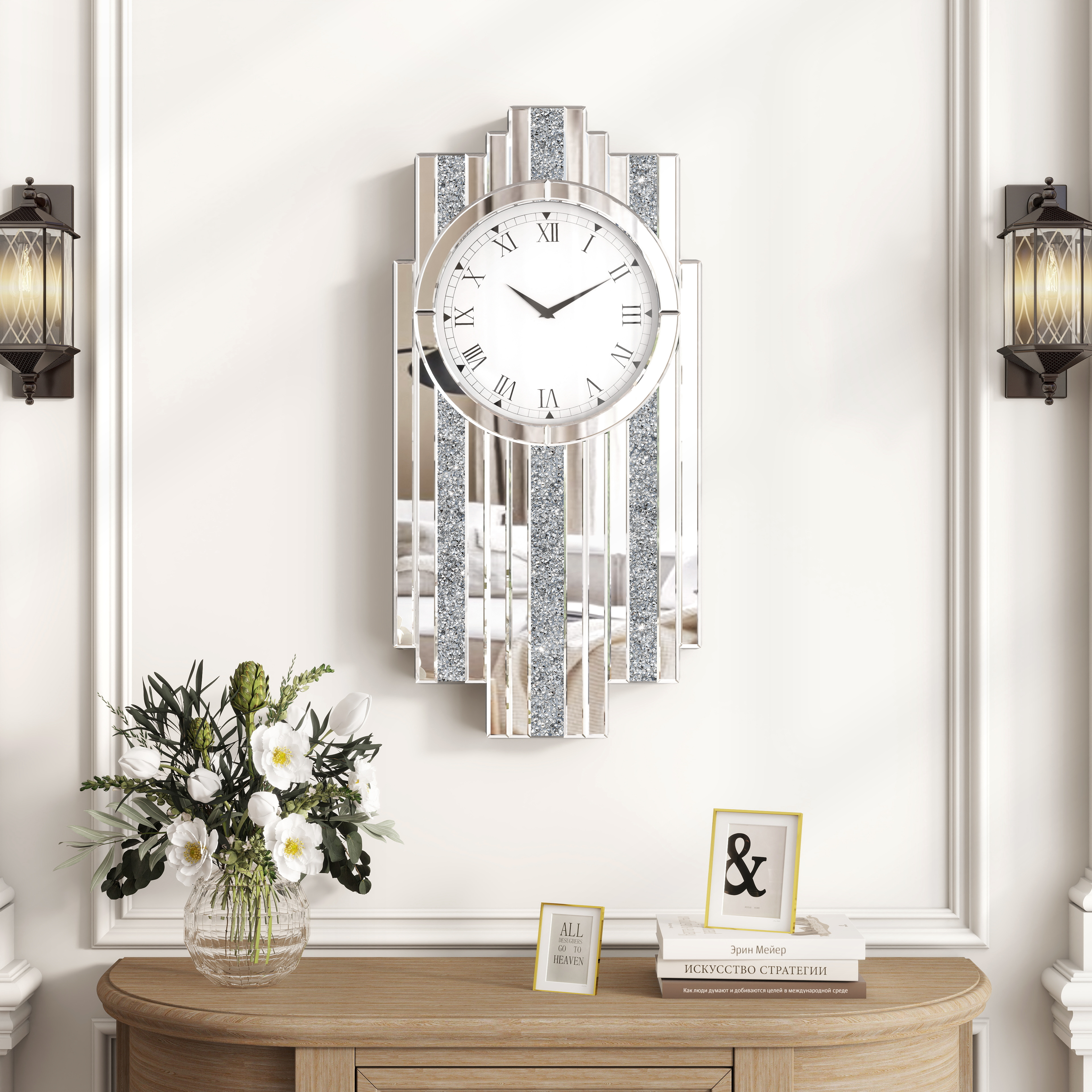 Silver Mirror Clock, 25.6x13.8 Crystal Sparkle Wall Clock with Crushed Diamond Modern and Silent Large Wall Clock
