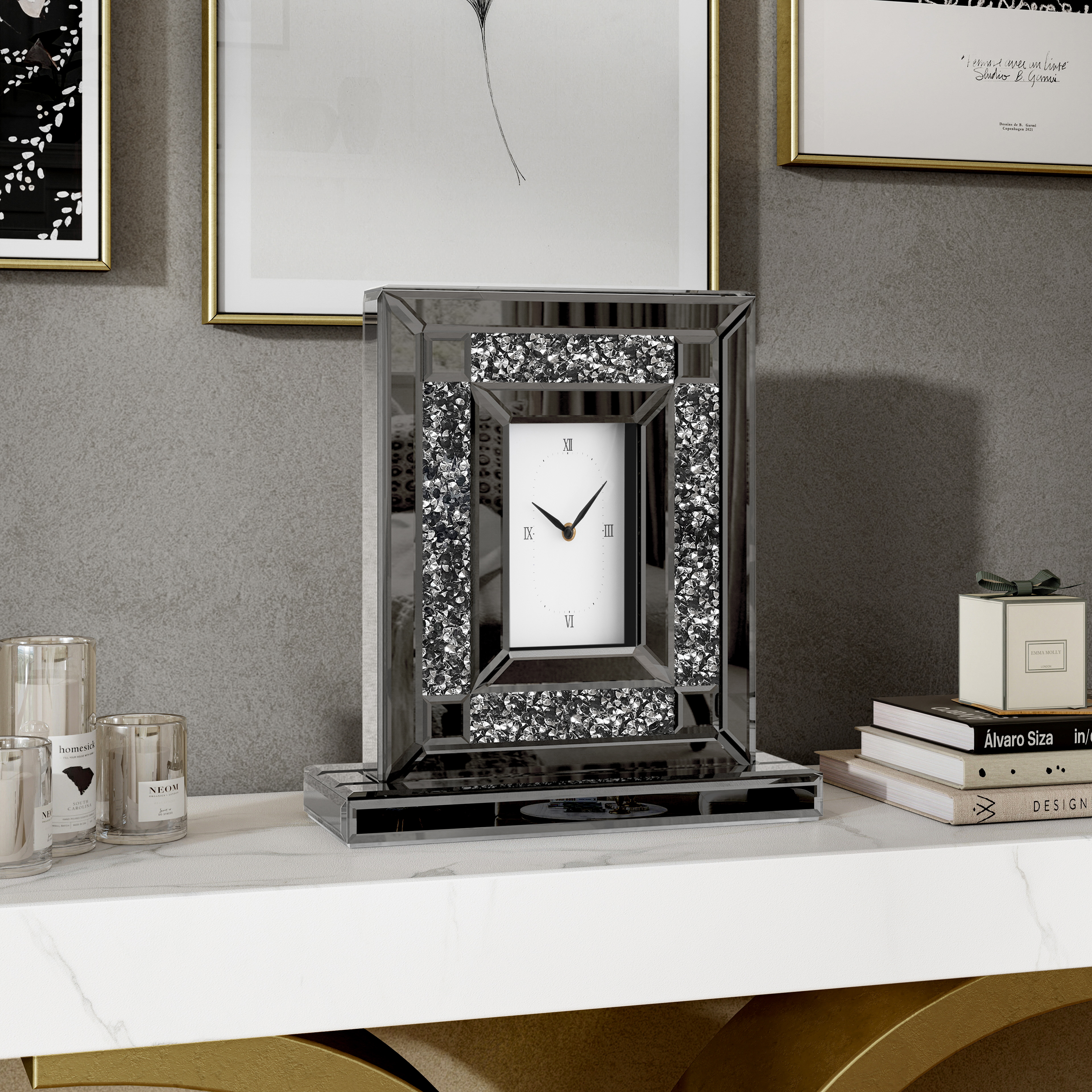 Luxury Crystal-Embedded Mirrored Table Clock, Elegant Decorative Clock with Roman Numerals for Home & Office