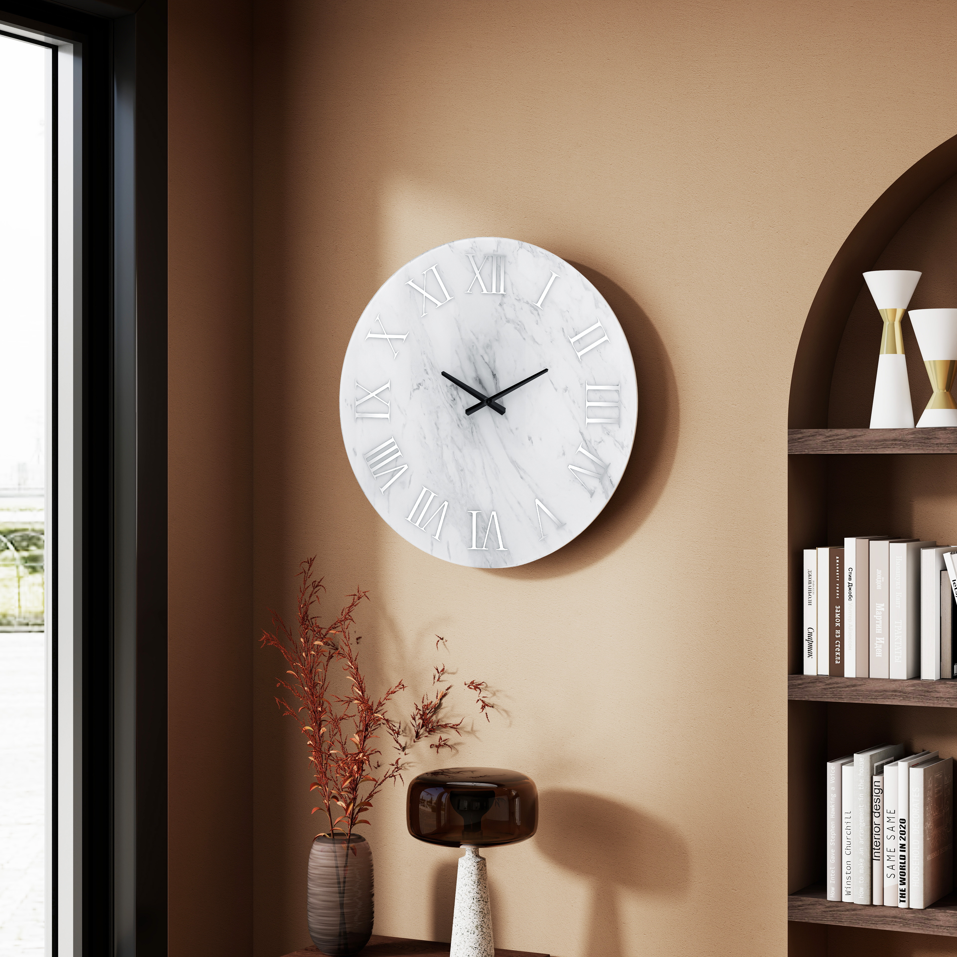 Modern Wall Clock - 23.62 Inch Frameless Marble Glass Wall Clock with Roman Numerals, Non-Ticking Large White Decorative Clock