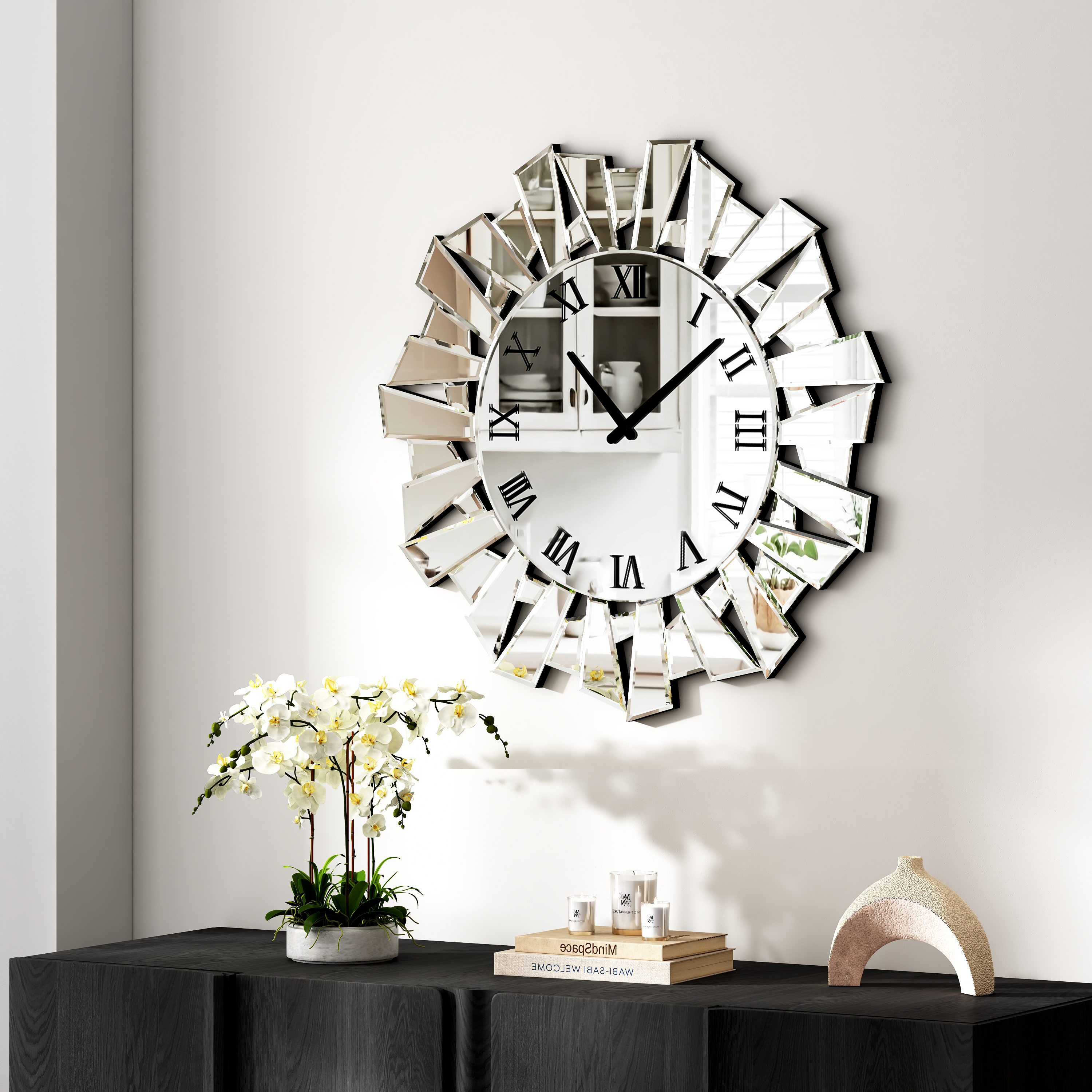 23.62" Large Modern Mirror Clock with Roman Numerals, Luxury Art Wall Decor