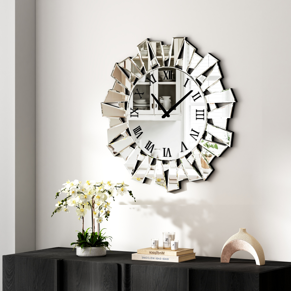 23.62" Large Modern Mirror Clock with Roman Numerals, Luxury Art Wall Decor