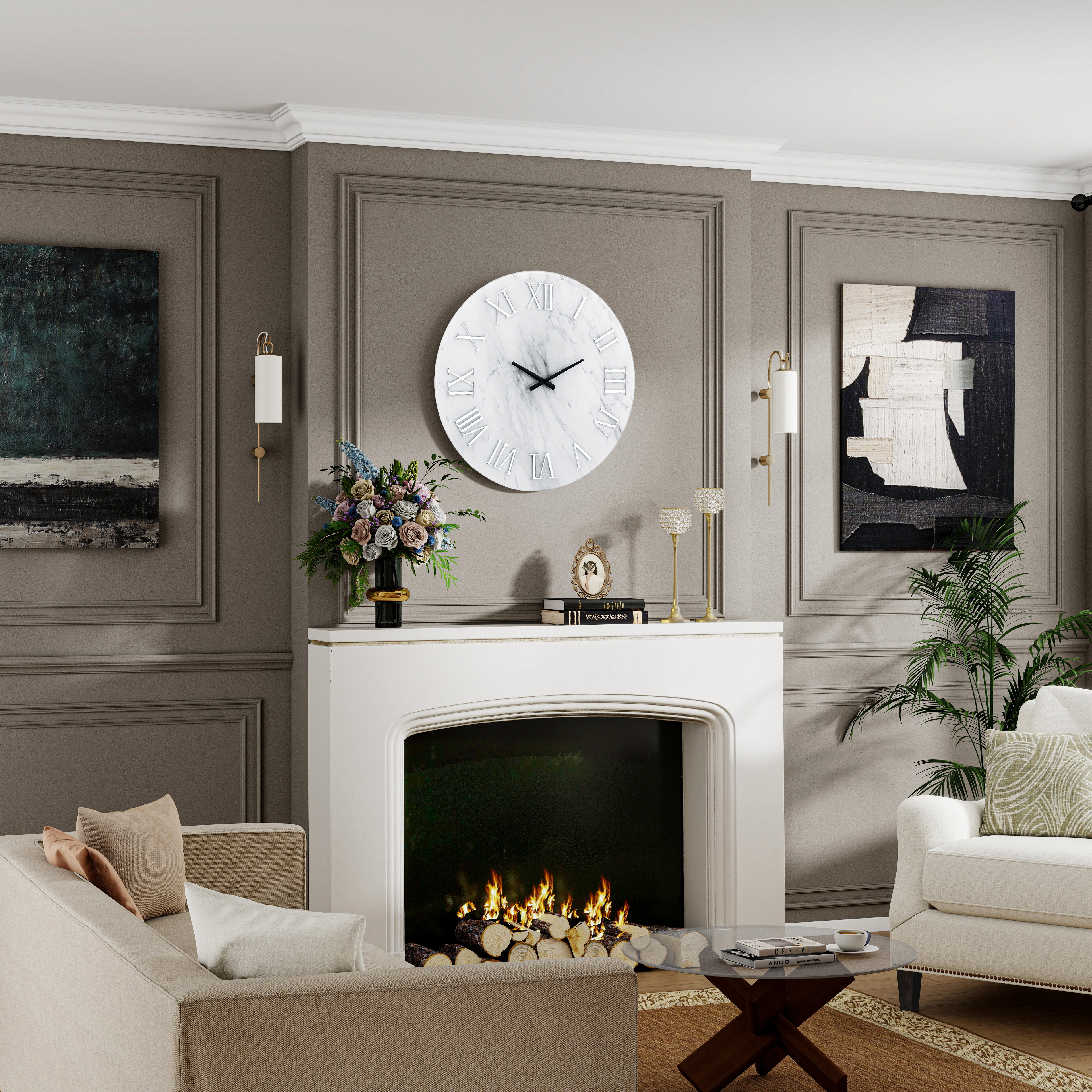 Modern Wall Clock - 23.62 Inch Frameless Marble Glass Wall Clock with Roman Numerals, Non-Ticking Large White Decorative Clock