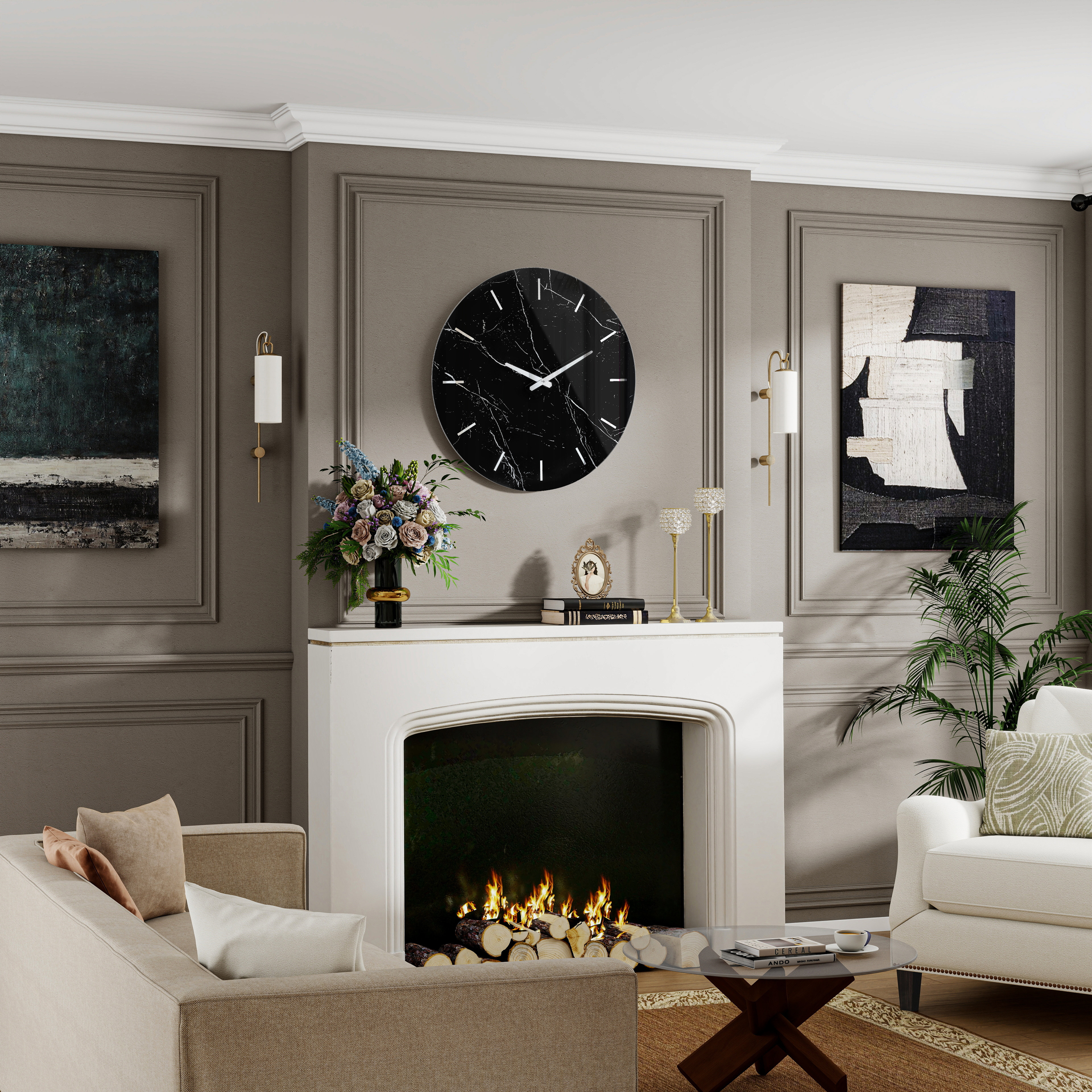 SHYFOY Black Decorative Wall Clock Glass Marble Patter, 23.6" Decorative Wall Clock, Modern Large Clock for Living Room
