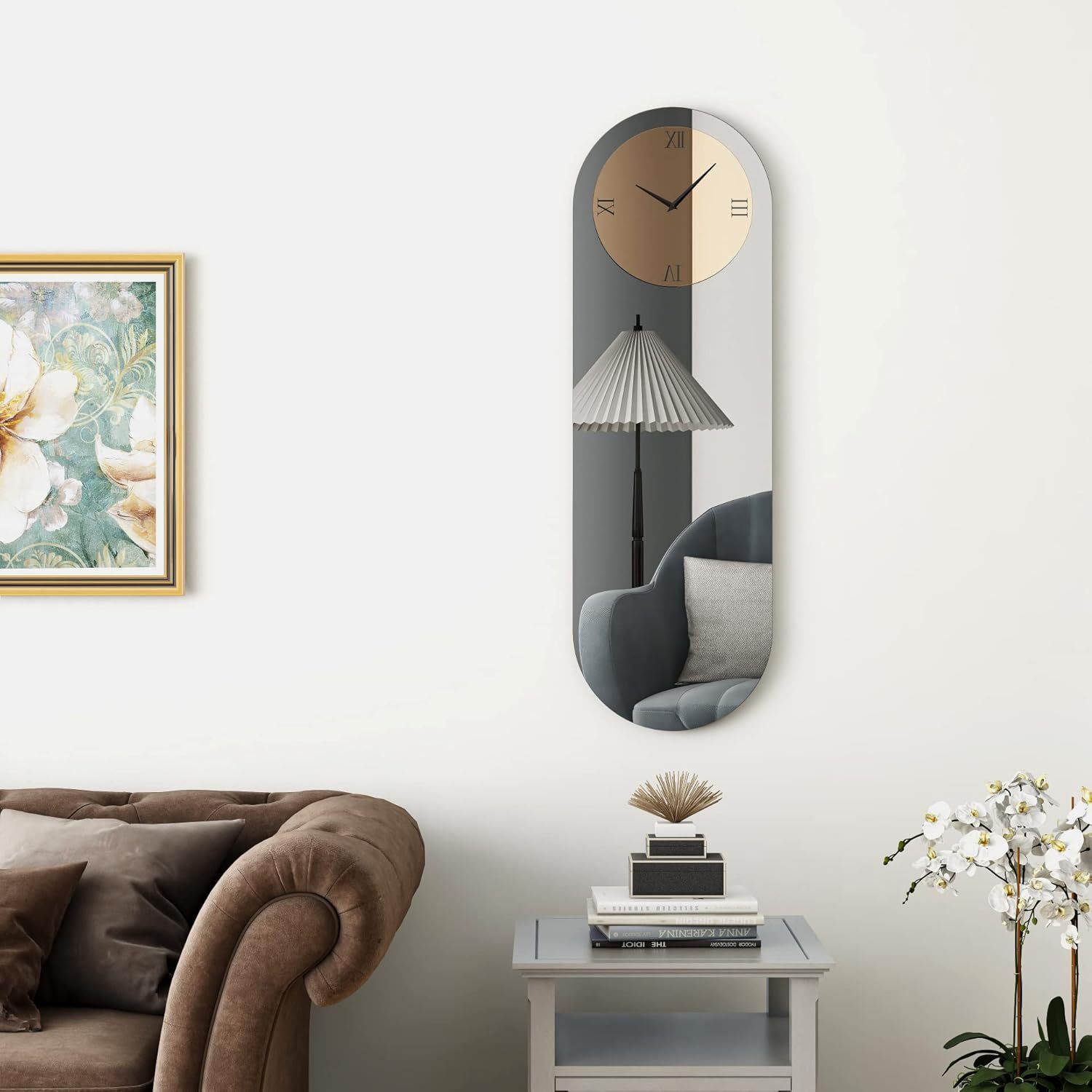 Glass Wall Clock for Living Room Decor, Modern Clocks Grey and Gold Mirror Finsh Oval Long Wall Decor