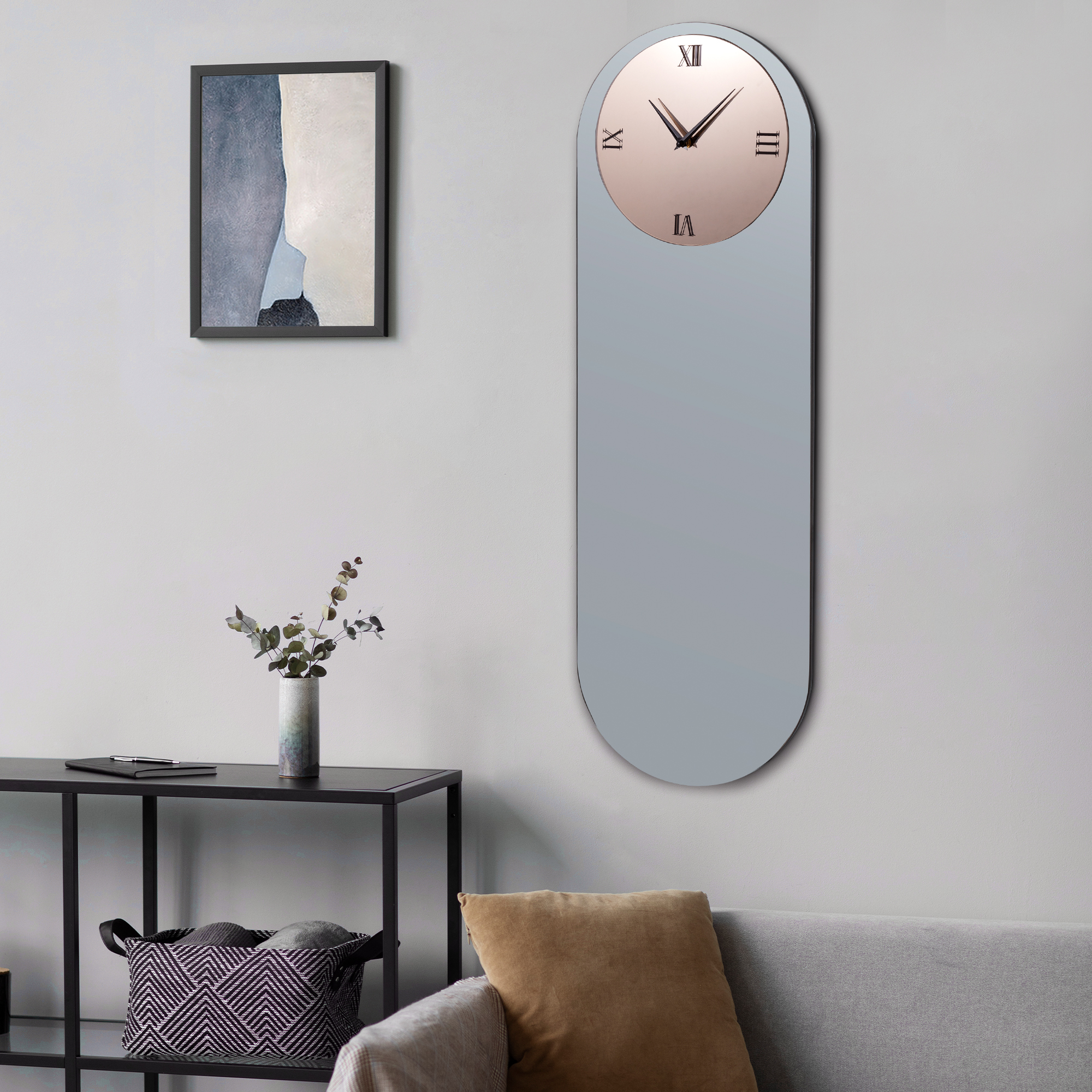 Glass Wall Clock for Living Room Decor, Modern Clocks Grey and Gold Mirror Finsh Oval Long Wall Decor