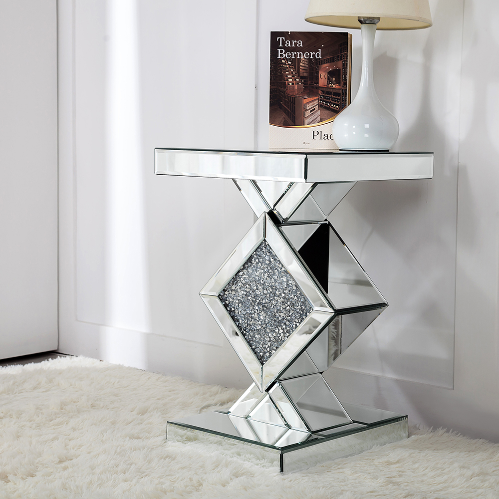SHYFOY Mirrored Crushed Diamond Side Table | Glass Mirror End Tables with Crystal Inlay