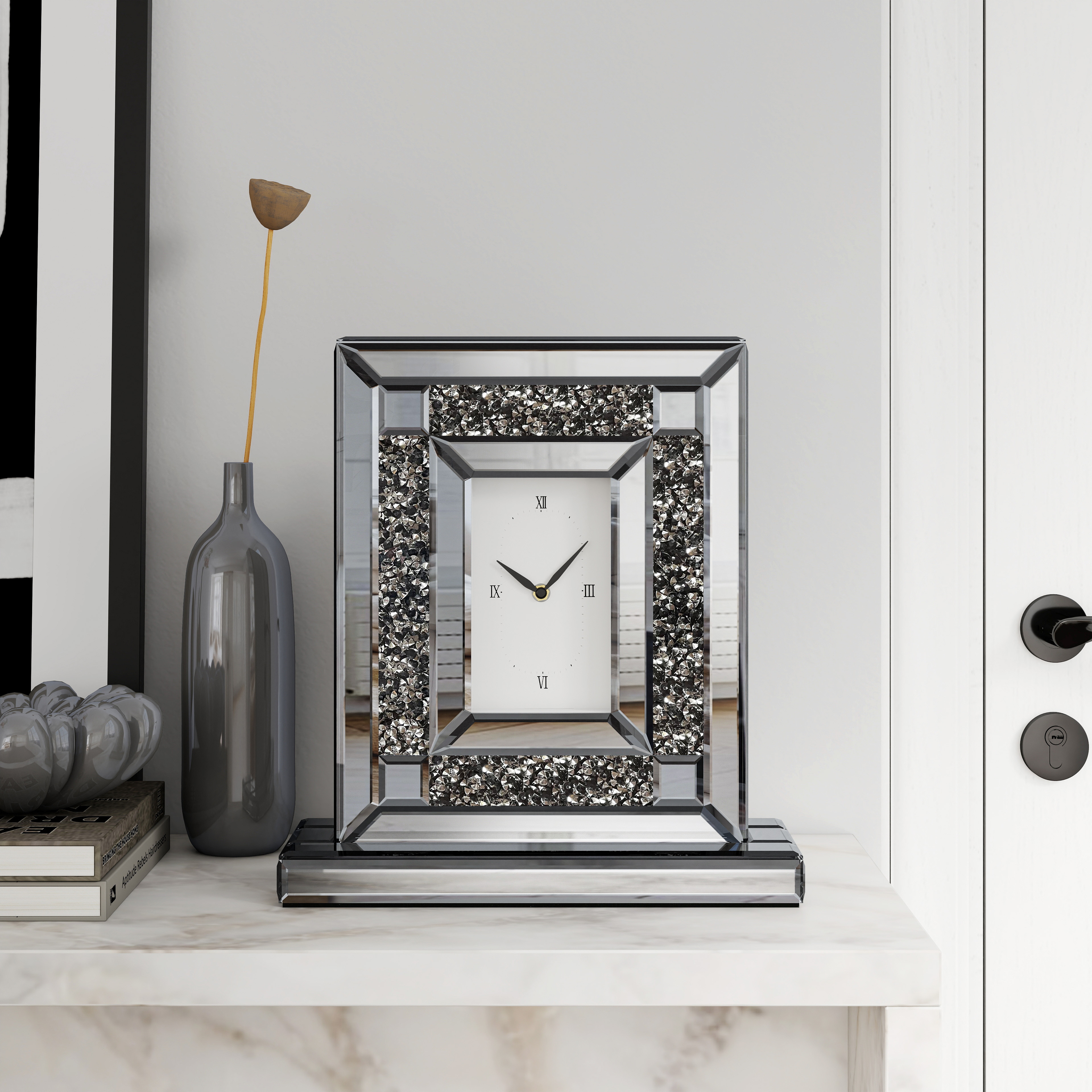 Luxury Crystal-Embedded Mirrored Table Clock, Elegant Decorative Clock with Roman Numerals for Home & Office