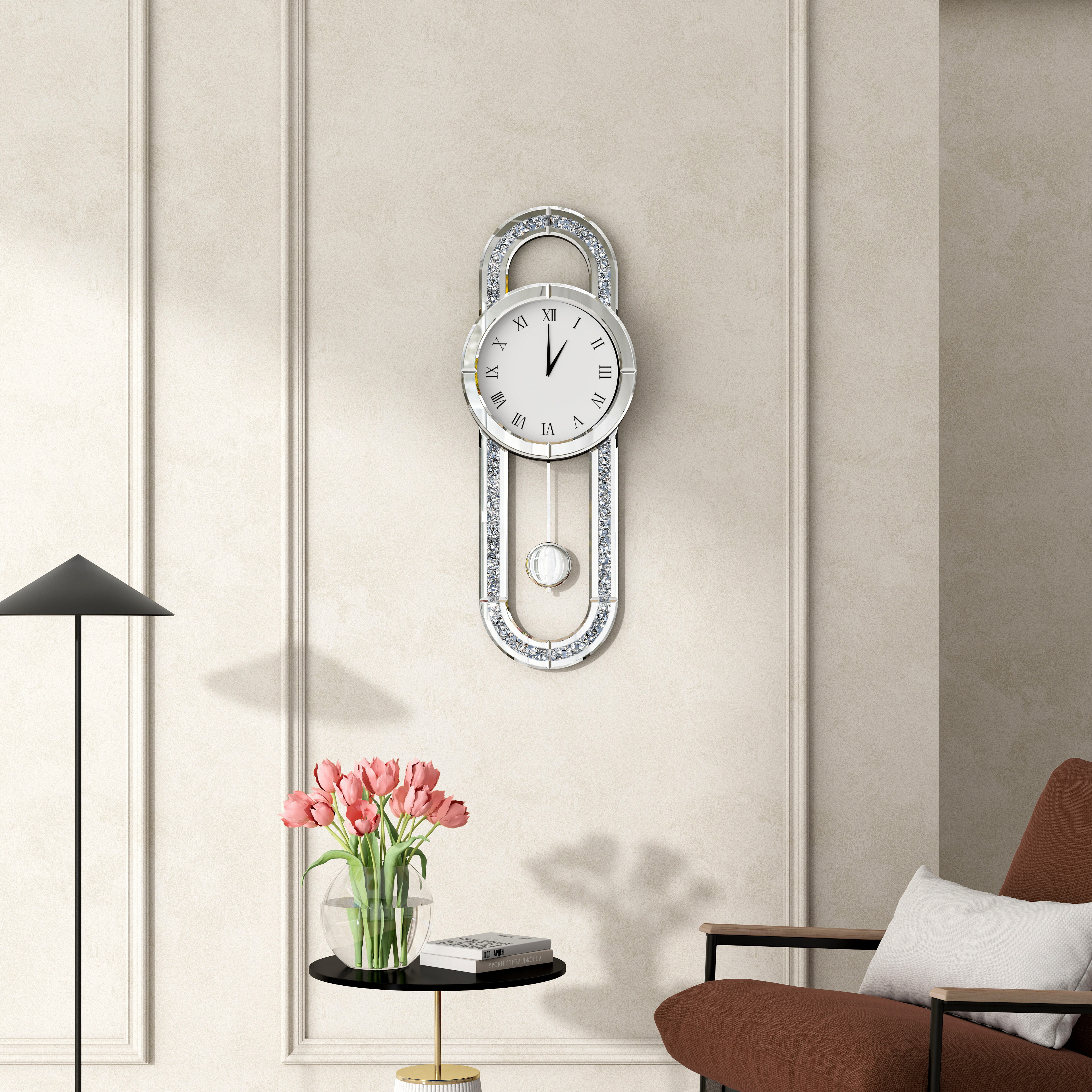 Decorative Wall Clock 31.5" Mirrored Pendulum Clock Silent Quality Quartz Luxury Large Wall Clocks with Crushed Diamond