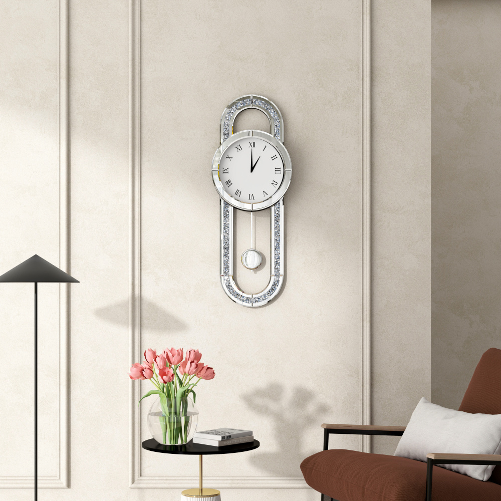 Decorative Wall Clock 31.5" Mirrored Pendulum Clock Silent Quality Quartz Luxury Large Wall Clocks with Crushed Diamond