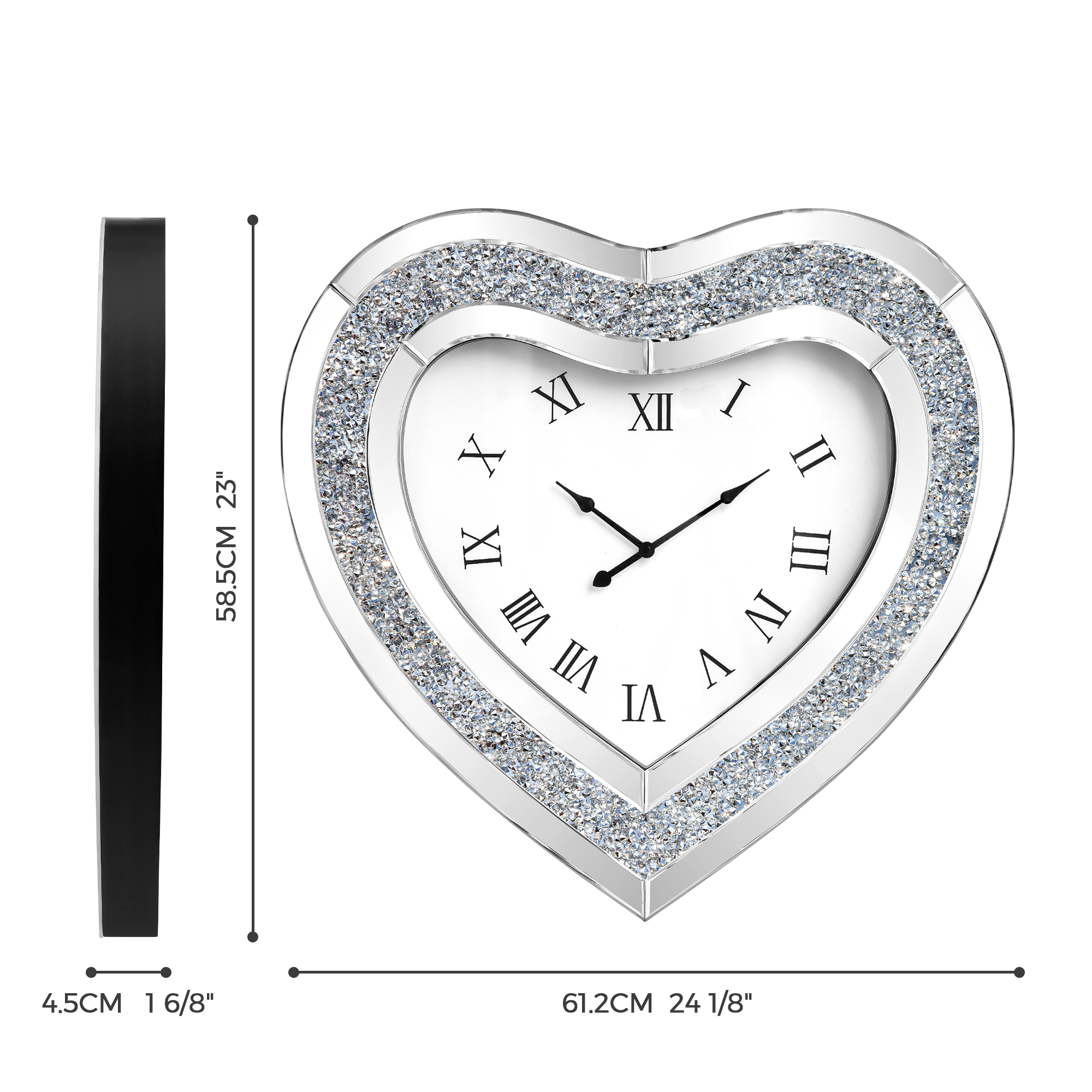 SHYFOY Deorative Wall Clock, 24 inch Heart-Shaped Mirror Wall Clock, Crushed Diamond Non-Ticking Wall Clocks for Bedroom