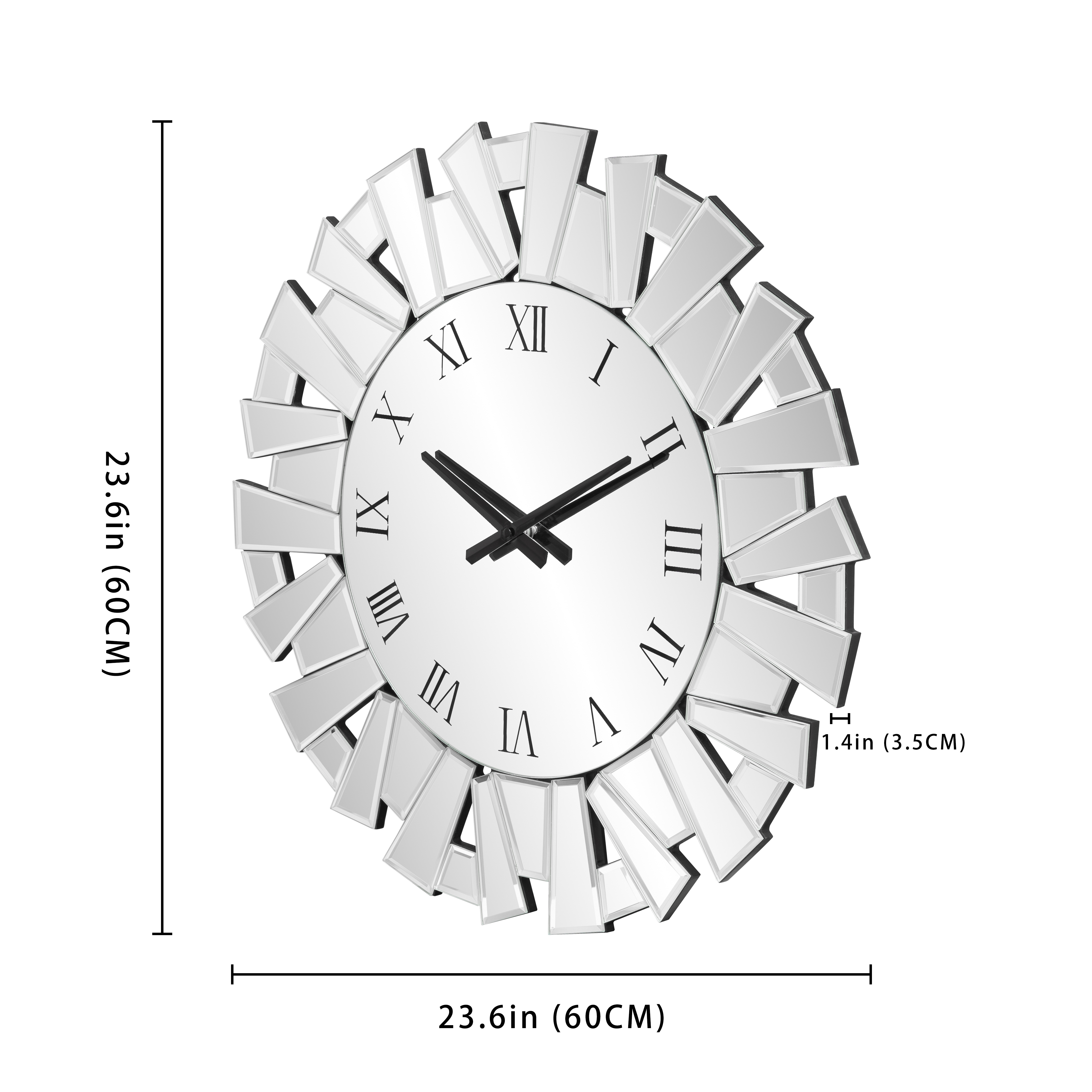 23.62" Large Modern Mirror Clock with Roman Numerals, Luxury Art Wall Decor