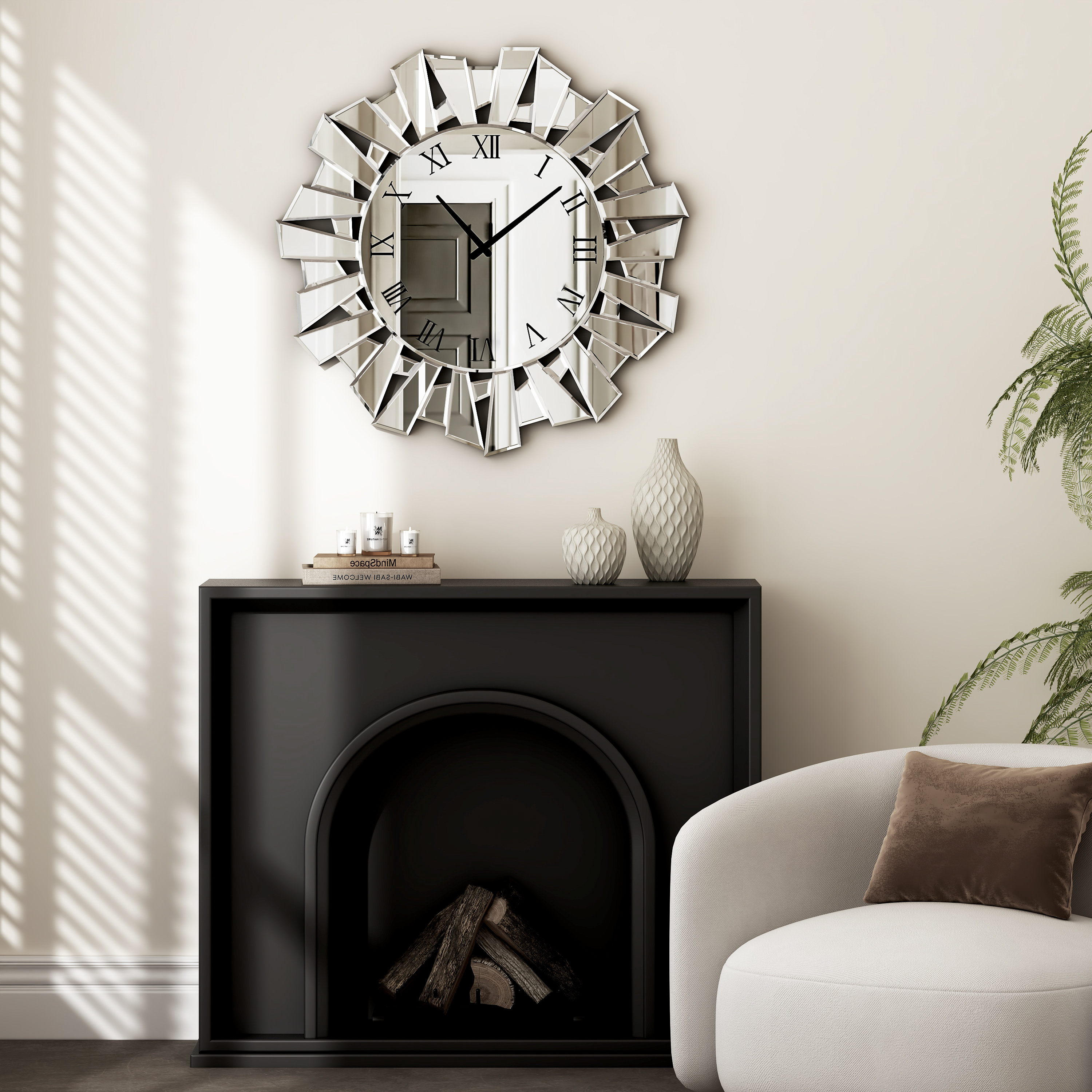23.62" Large Modern Mirror Clock with Roman Numerals, Luxury Art Wall Decor