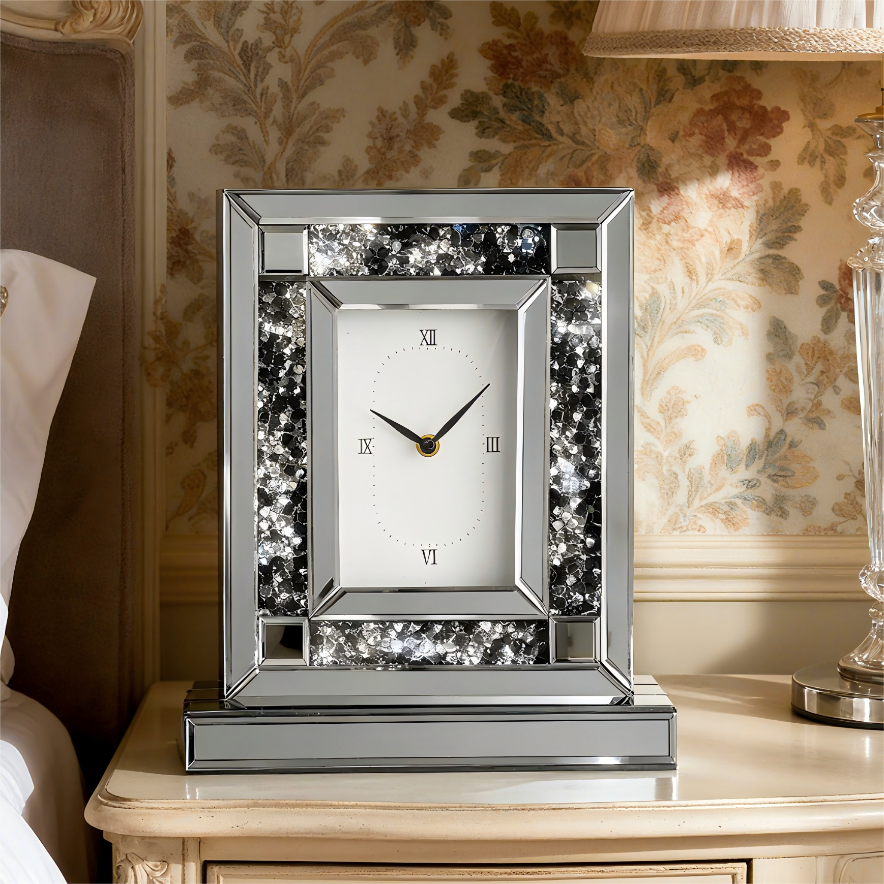 Luxury Crystal-Embedded Mirrored Table Clock, Elegant Decorative Clock with Roman Numerals for Home & Office