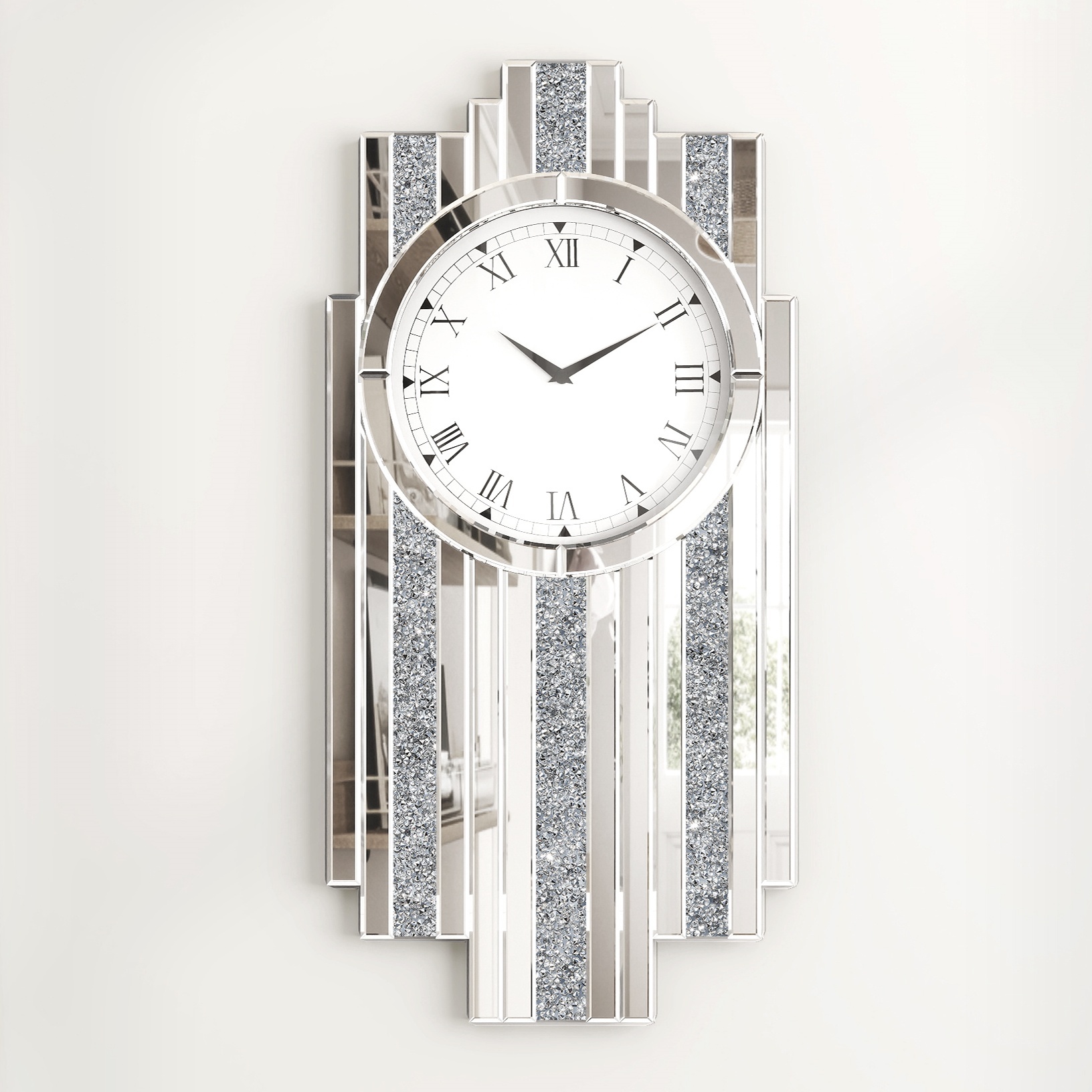 Silver Mirror Clock, 25.6x13.8 Crystal Sparkle Wall Clock with Crushed Diamond Modern and Silent Large Wall Clock