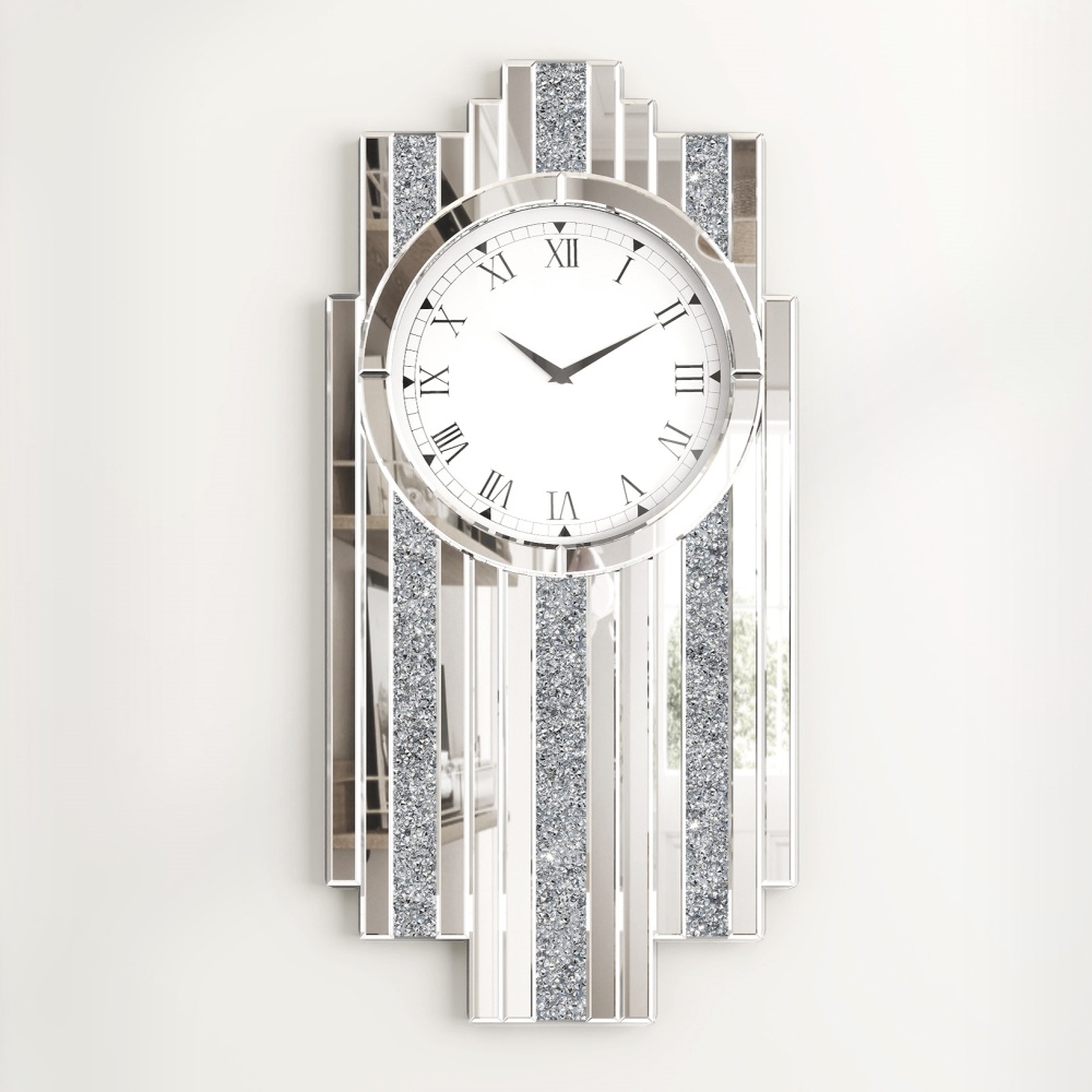Silver Mirror Clock, 25.6x13.8 Crystal Sparkle Wall Clock with Crushed Diamond Modern and Silent Large Wall Clock