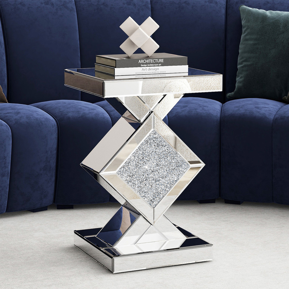 SHYFOY Mirrored Crushed Diamond Side Table | Glass Mirror End Tables with Crystal Inlay