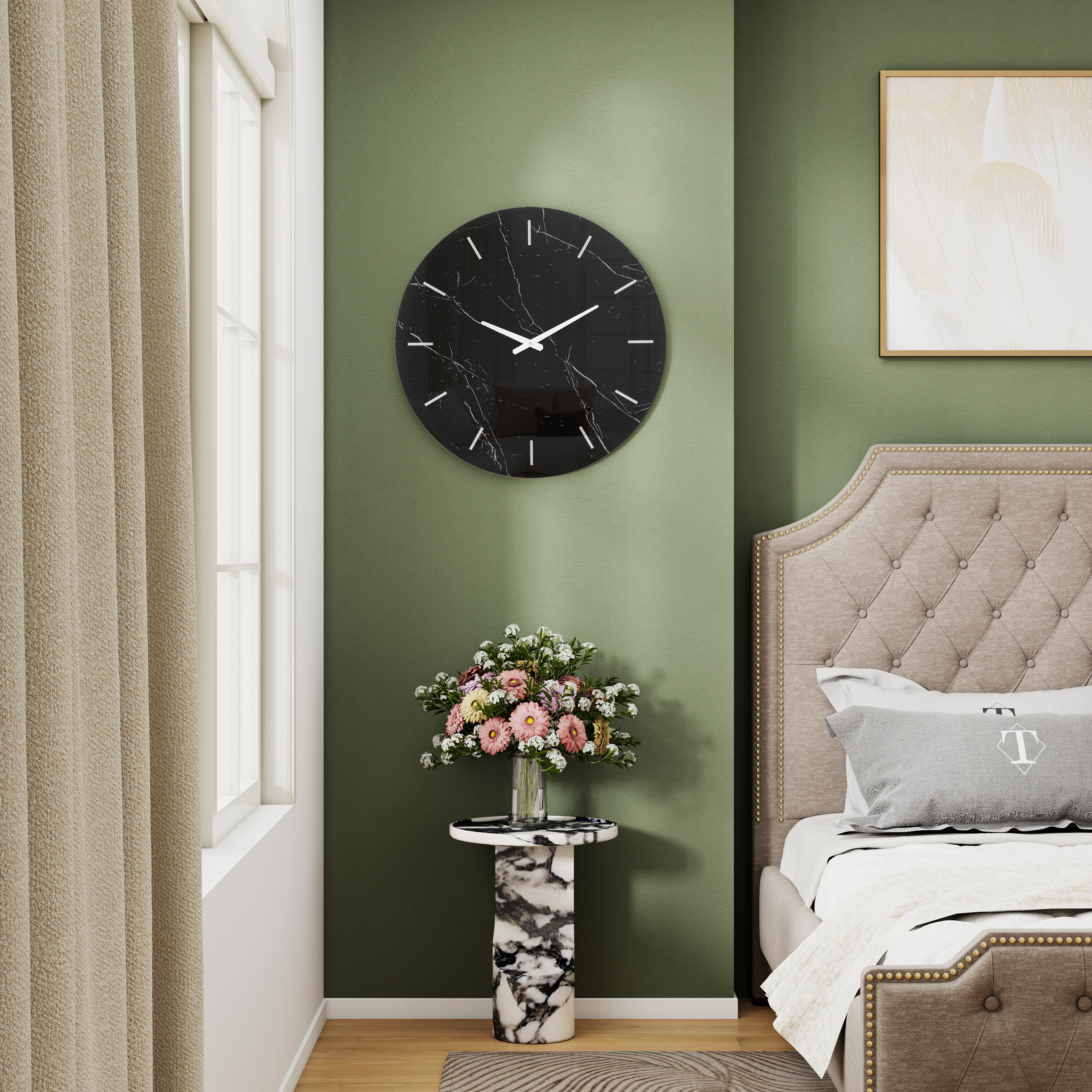 SHYFOY Black Decorative Wall Clock Glass Marble Patter, 23.6" Decorative Wall Clock, Modern Large Clock for Living Room