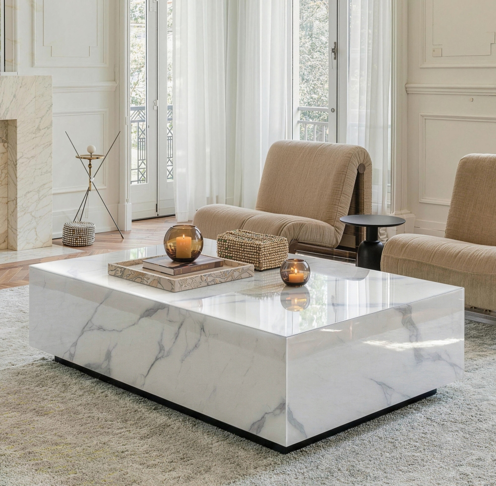 Black Faux Marble Solid Block Rectangular Coffee Table