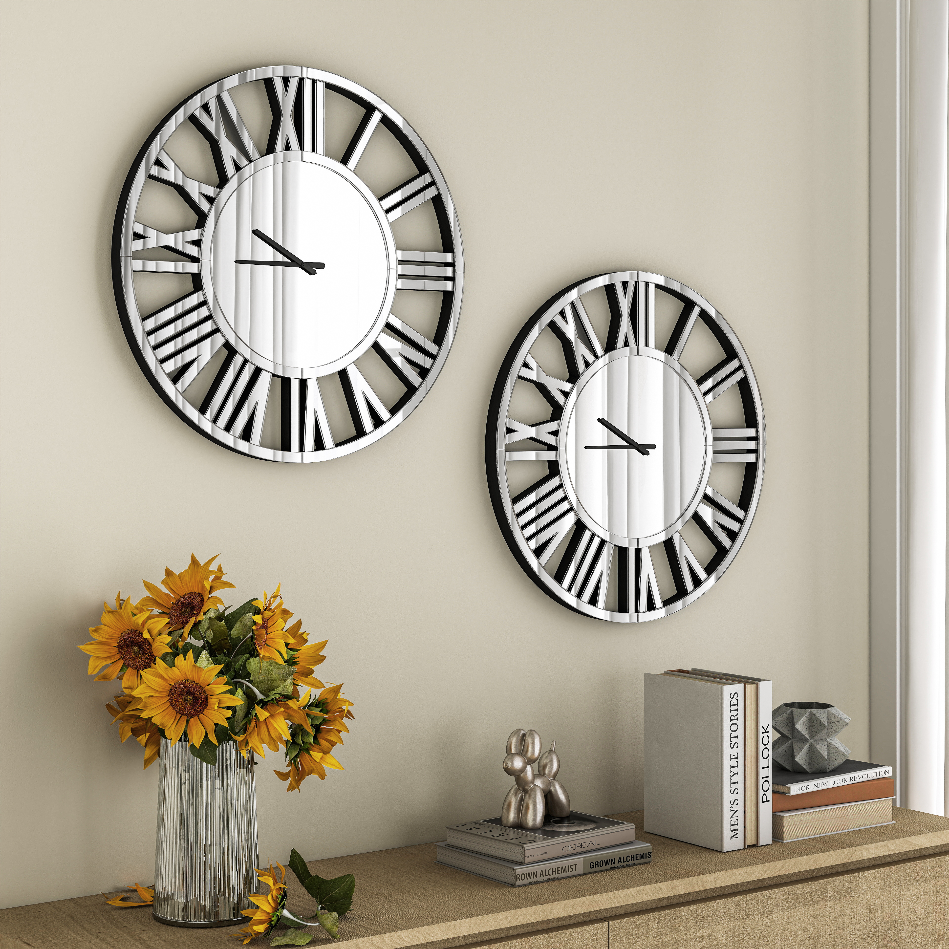 SHYFOY 24 inch Decorative Wall Clocks for Living Room Decor Modern Mirrored Big Clock