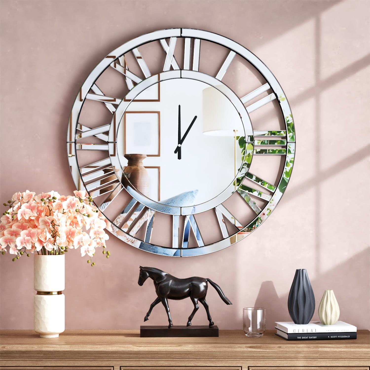 SHYFOY 24 inch Decorative Wall Clocks for Living Room Decor Modern Mirrored Big Clock