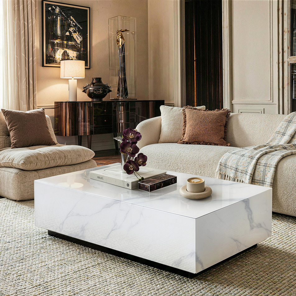 Black Faux Marble Solid Block Rectangular Coffee Table
