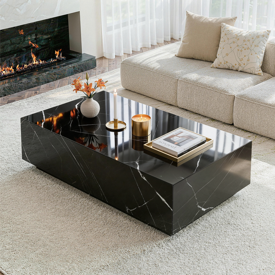 Black Faux Marble Solid Block Rectangular Coffee Table
