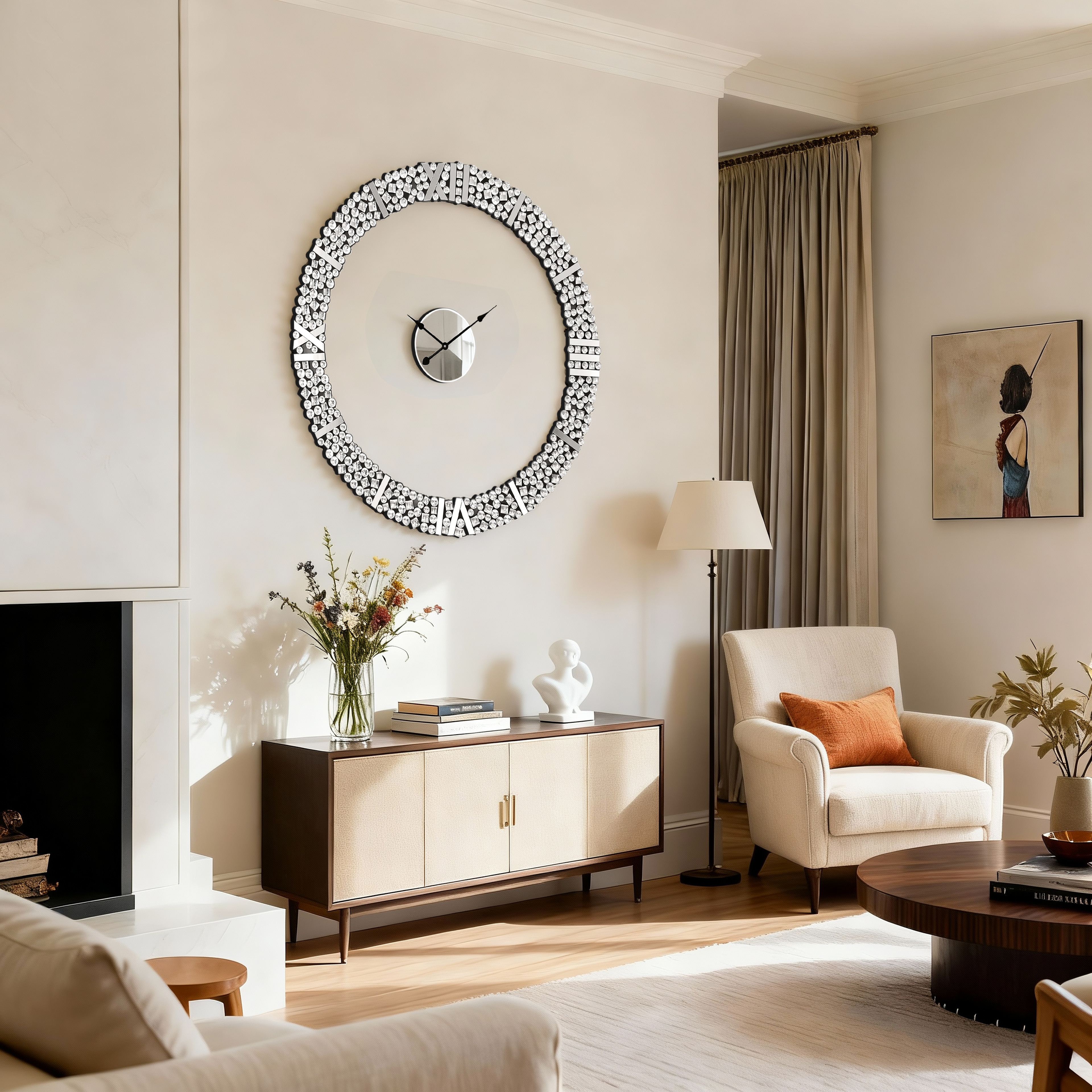 Foldable-Frame Round Wall Clock Adorned with Crystals