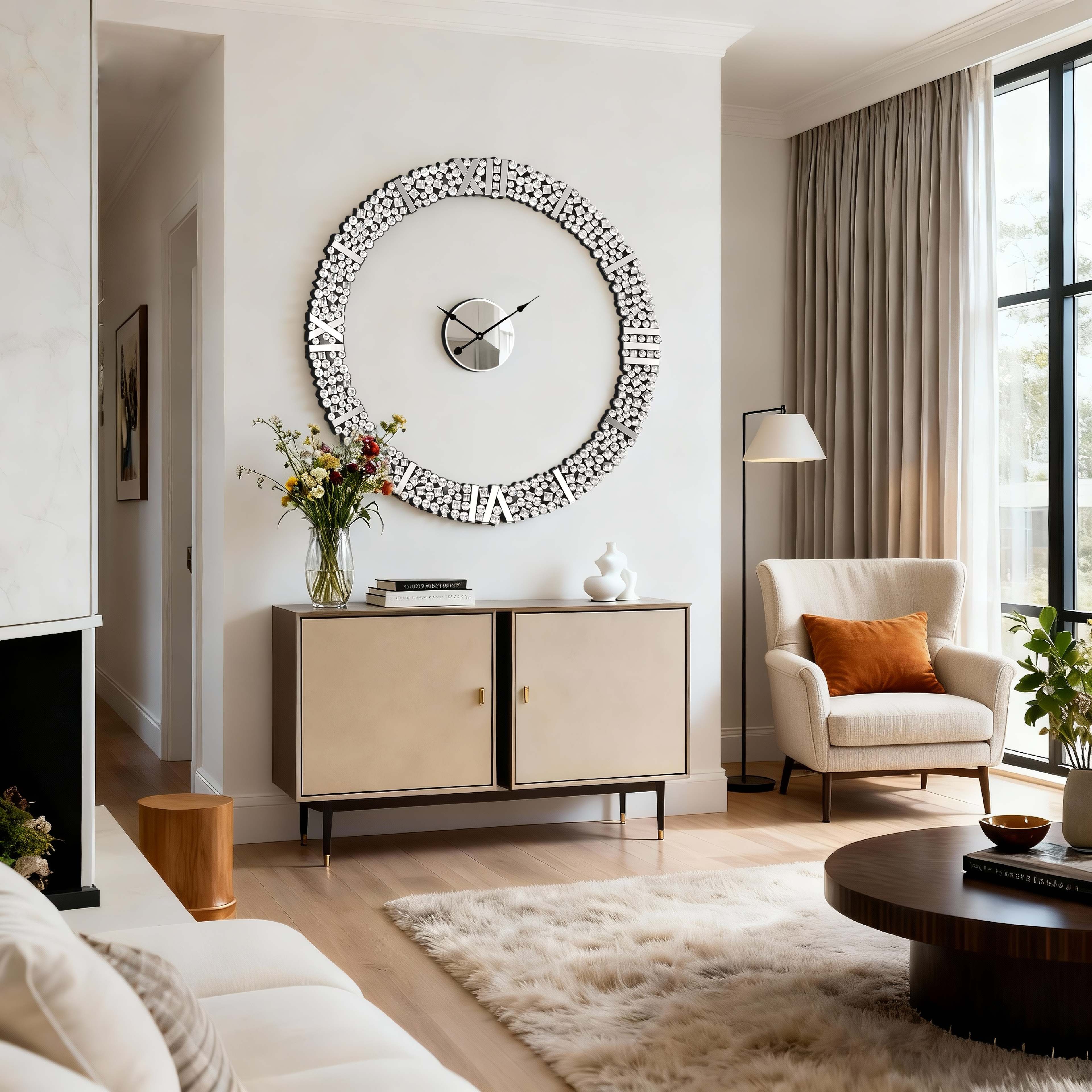 Foldable-Frame Round Wall Clock Adorned with Crystals