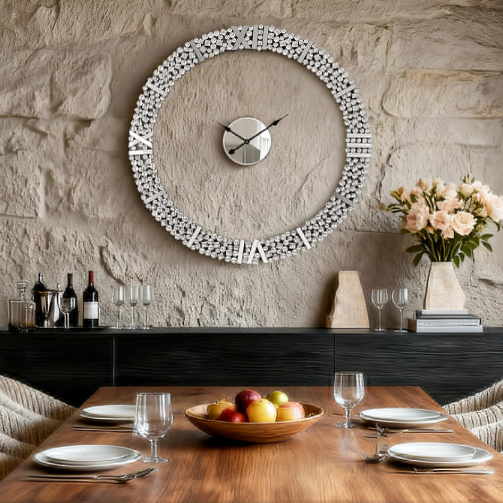 Foldable-Frame Round Wall Clock Adorned with Crystals