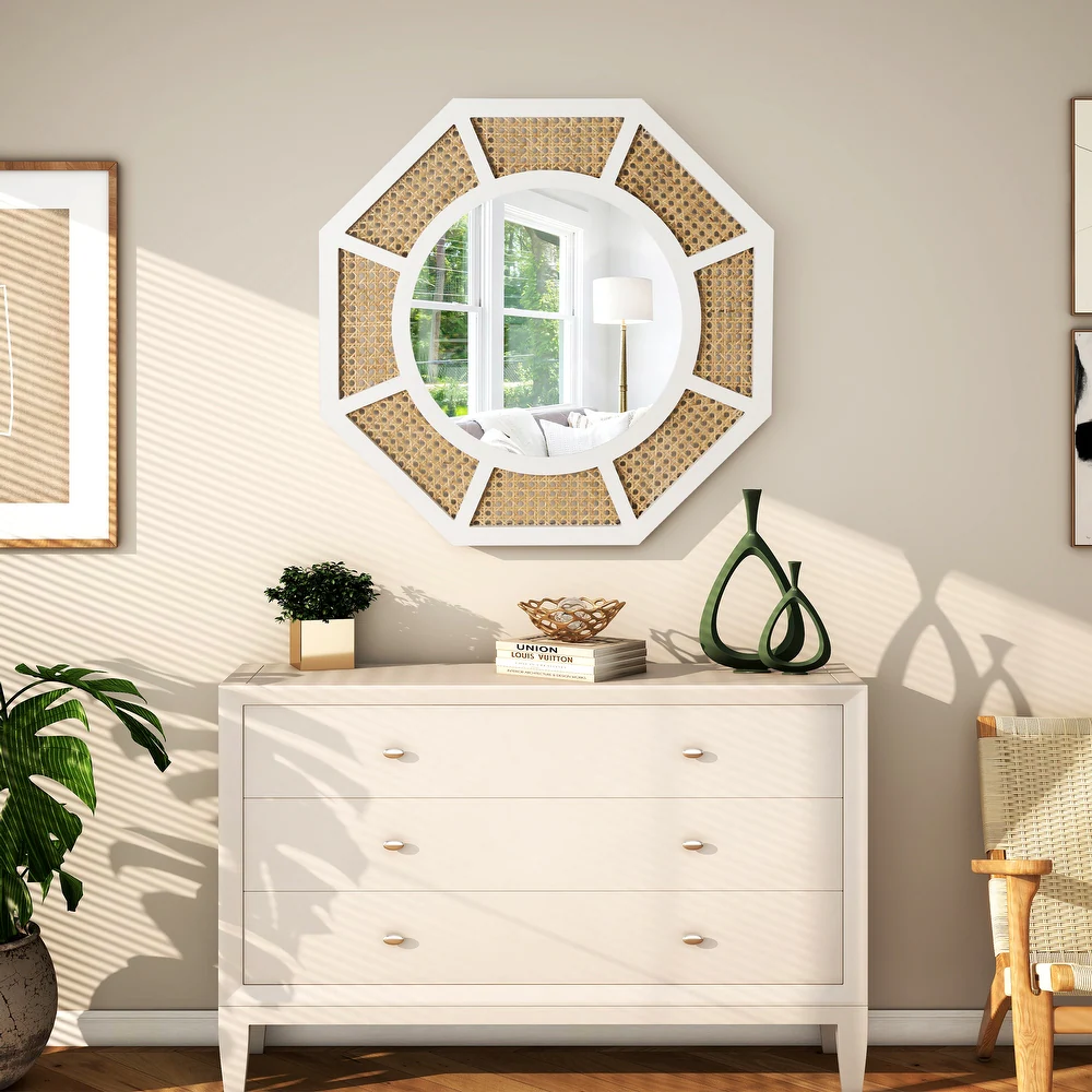 Large Rattan Mirror for Wall Decor Boho White Frame Wood /SF-WM188
