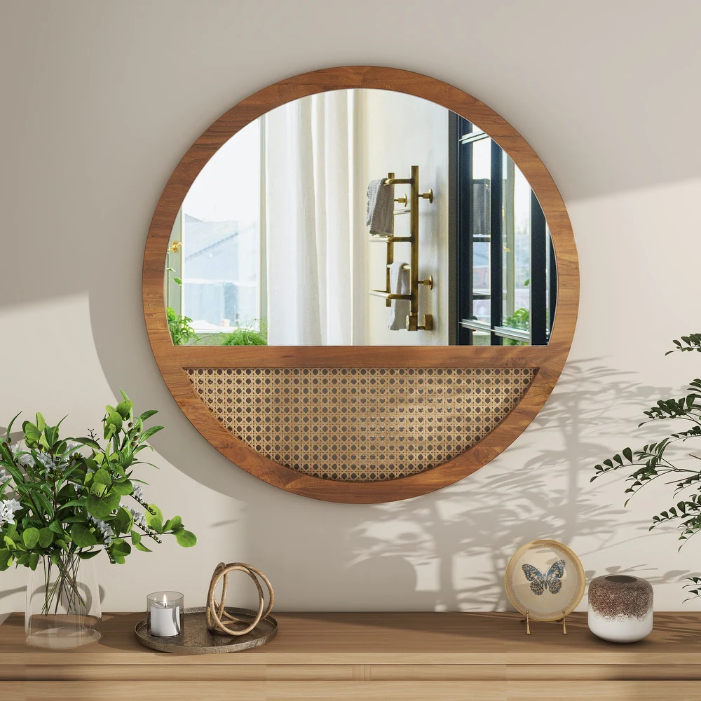 Rattan Round Mirror 24 Inch Bohemian Accent Wall Mirror - 24"×24" /SF-WM189