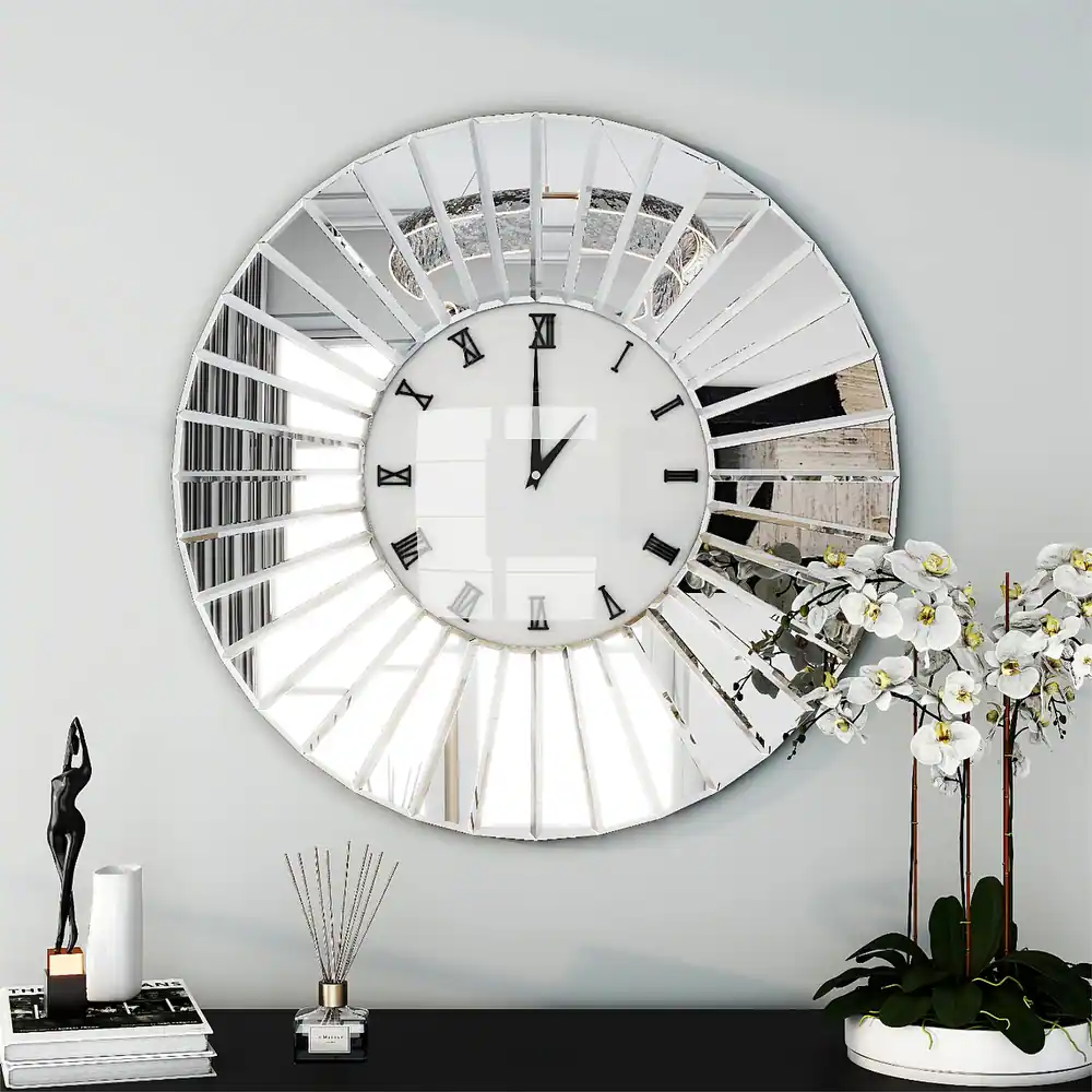 SHYFOY 23.6 Mirrored Wall Clocks Decor Sparkly Big Decorative Wall Clock - Round Modern Silver Glass Frame for Living Room Decoration Home Decor -