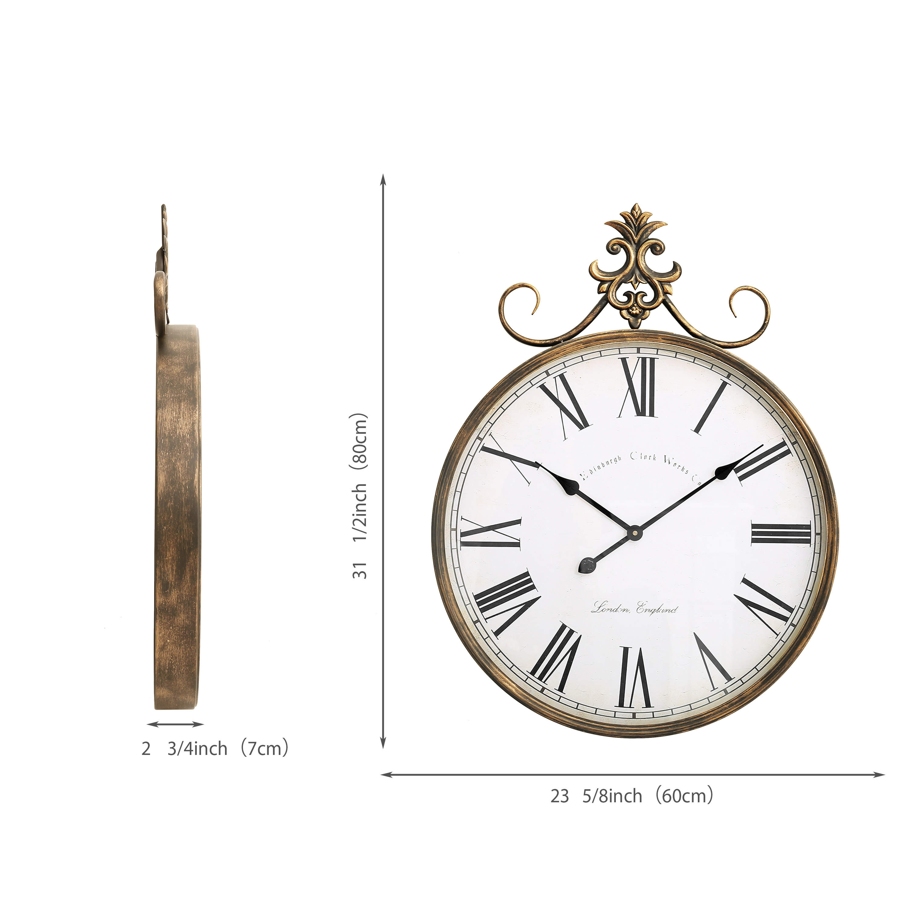 Gold Wall Clock 31" x 23.5", Large Clock Wall Decor, Vintage WallClock for Living Room