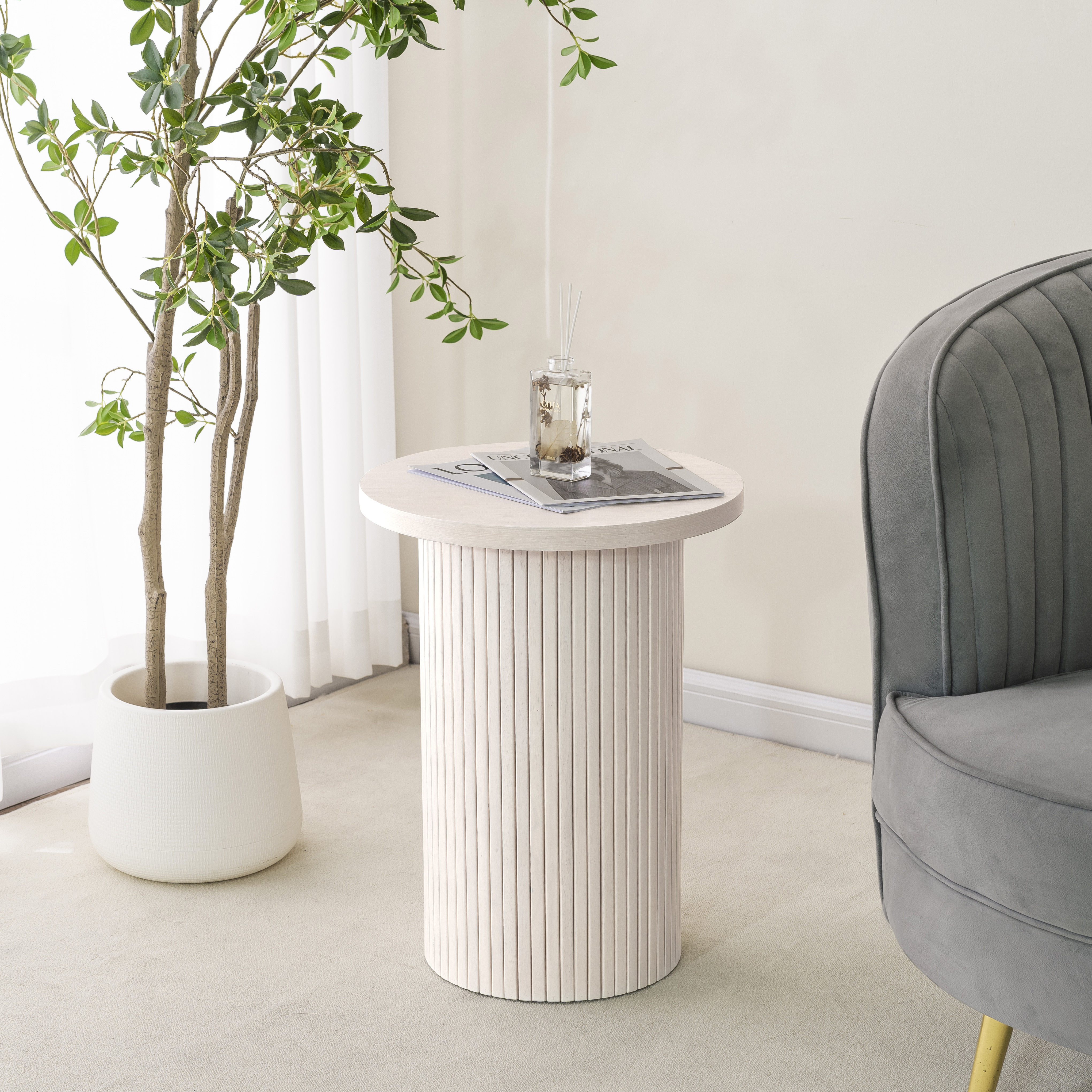 Side Tables Living Room, Modern Drum End Table, 18 inch Wide Black Accent Table