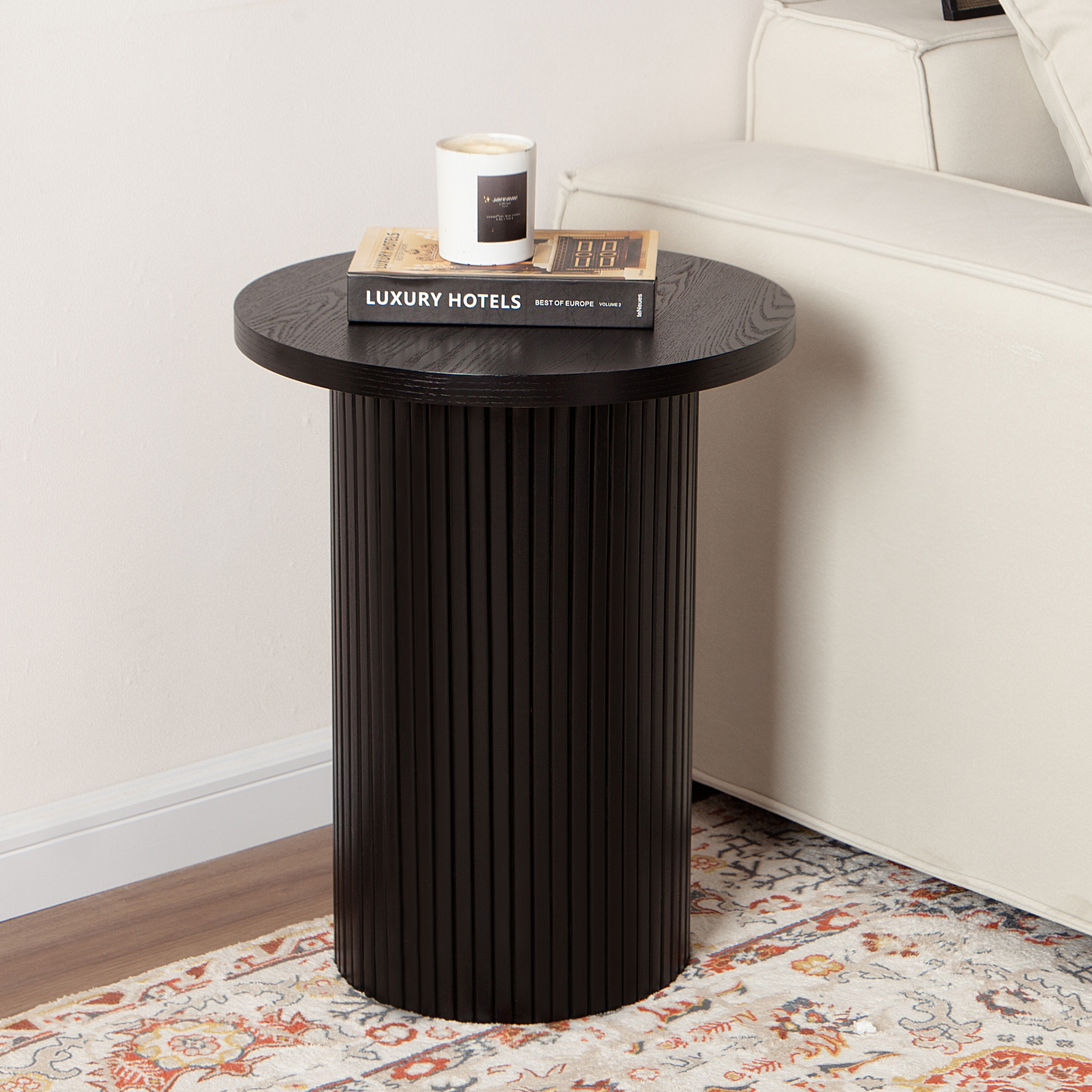 Side Tables Living Room, Modern Drum End Table, 18 inch Wide Black Accent Table