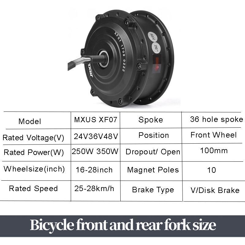 MXUS XF07 Ebike Front Wheel Motor 24V 36V 48V 250W 350W 26-28IN 700C Hub Motor Electric Bike Conversion Kit