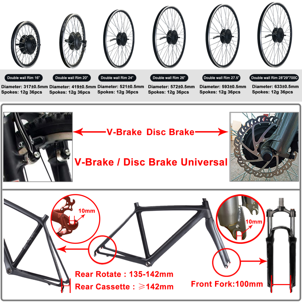 Kunray 24/36/48V 250-500W  Electric Bike Front Rear Wheel Hub Motor Kit Ebike Conversion Kit