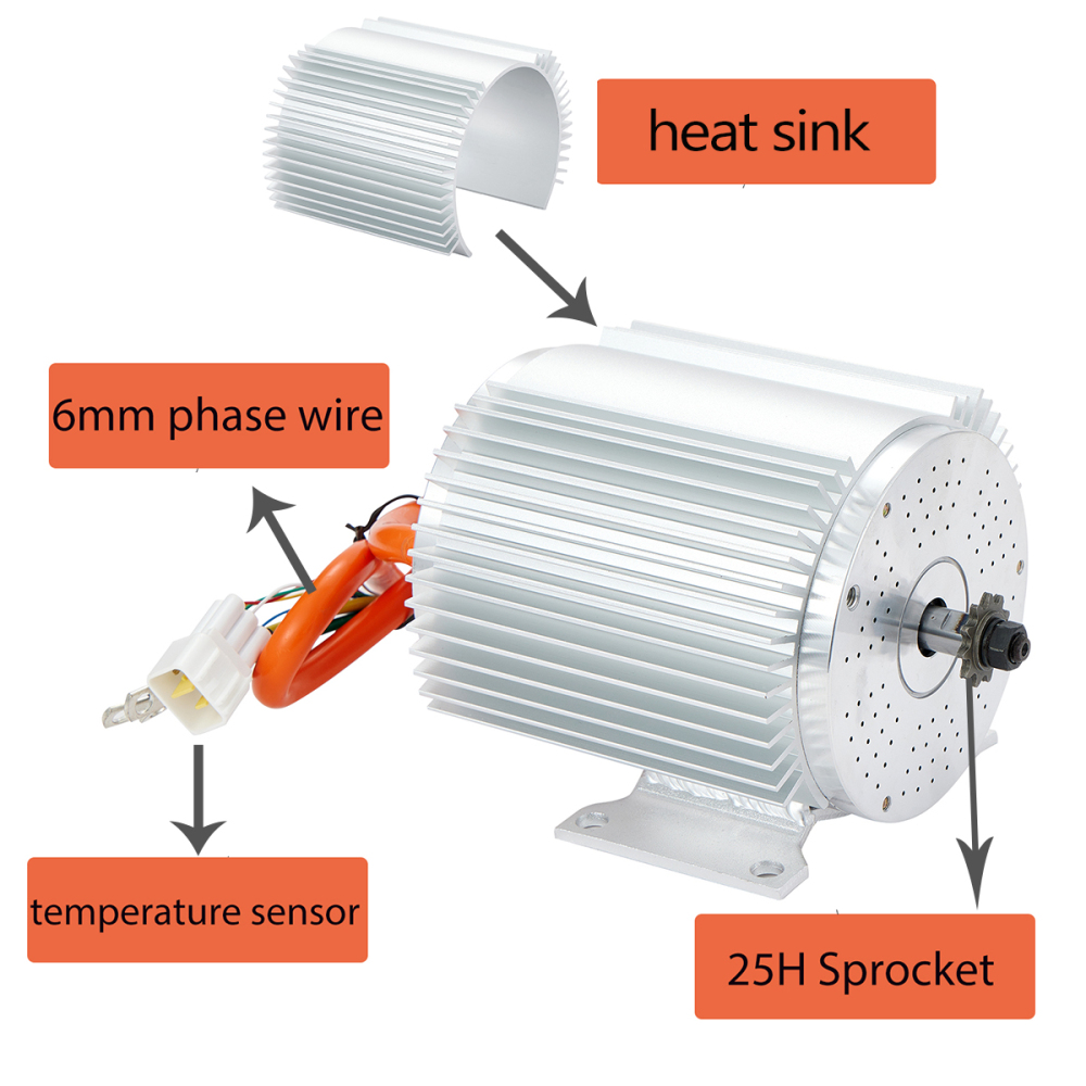 Electric DC Motor 48V 2000W 72V 3000W Electric Dirt Bike Motor Engine, Go Kart Electric Brushless Motor with Temperature Sensing Upgrade Aluminum Heat Sink